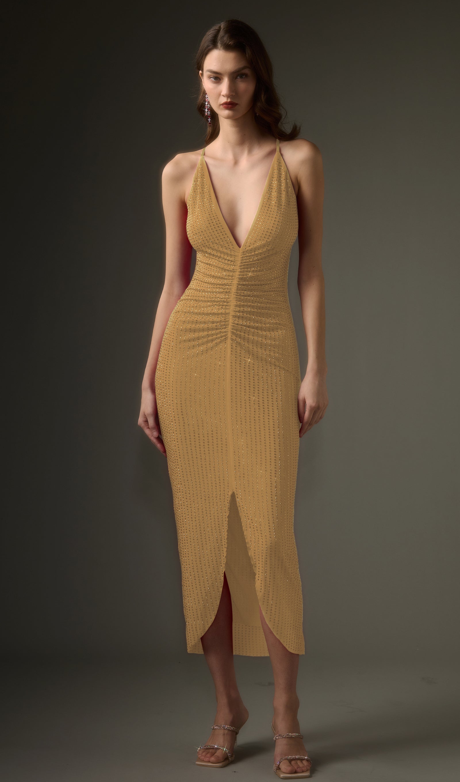 Diamante Ruched Midi Dress In Champagne