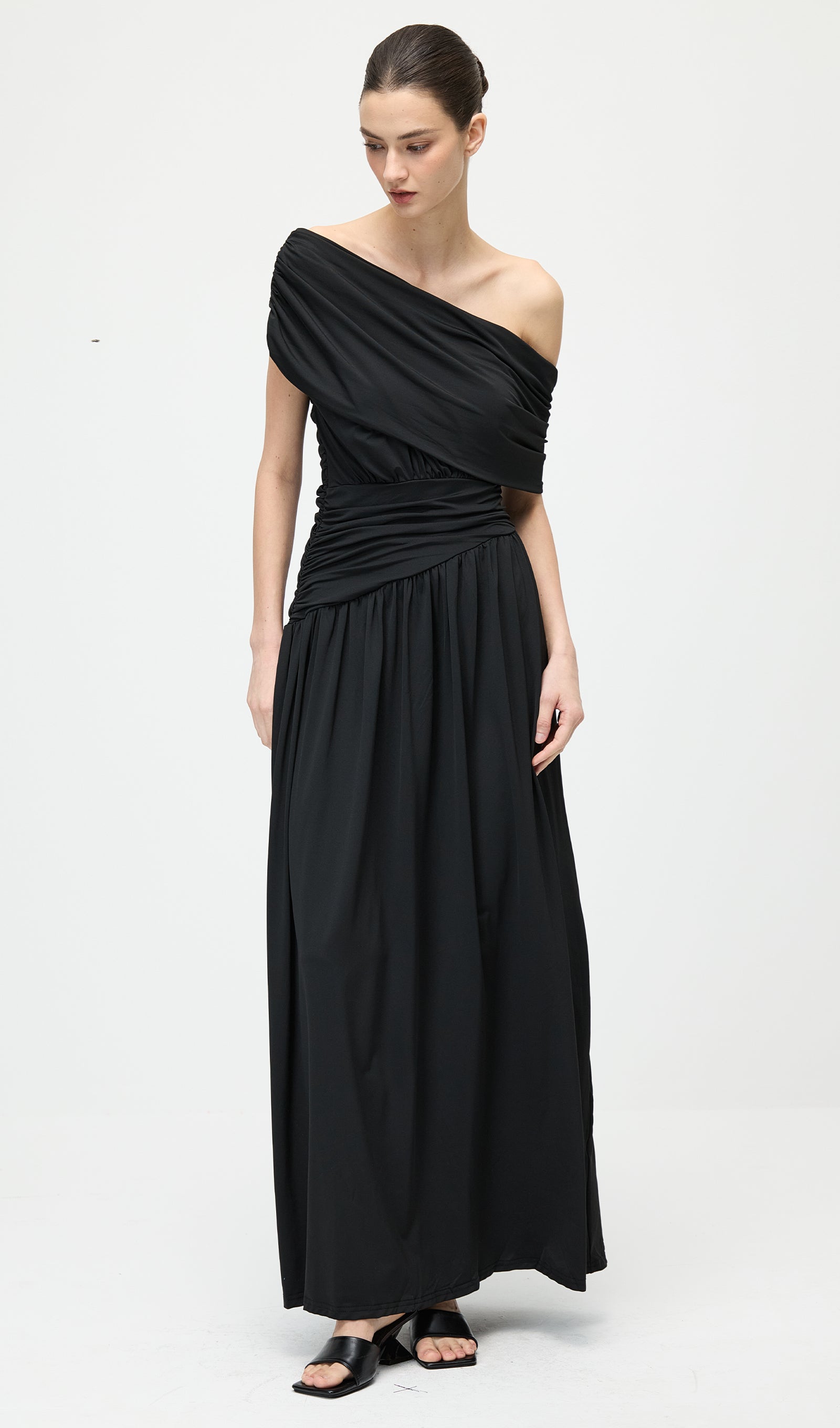 Black Off Shoulder Pleated Maxi Dress