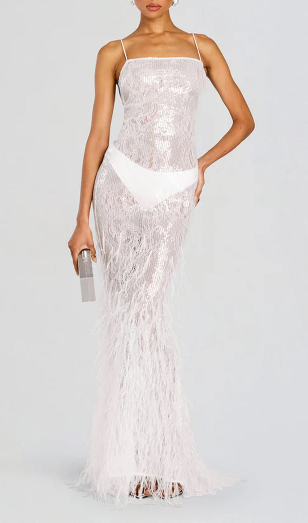 Sequin Feather Maxi Dress-White