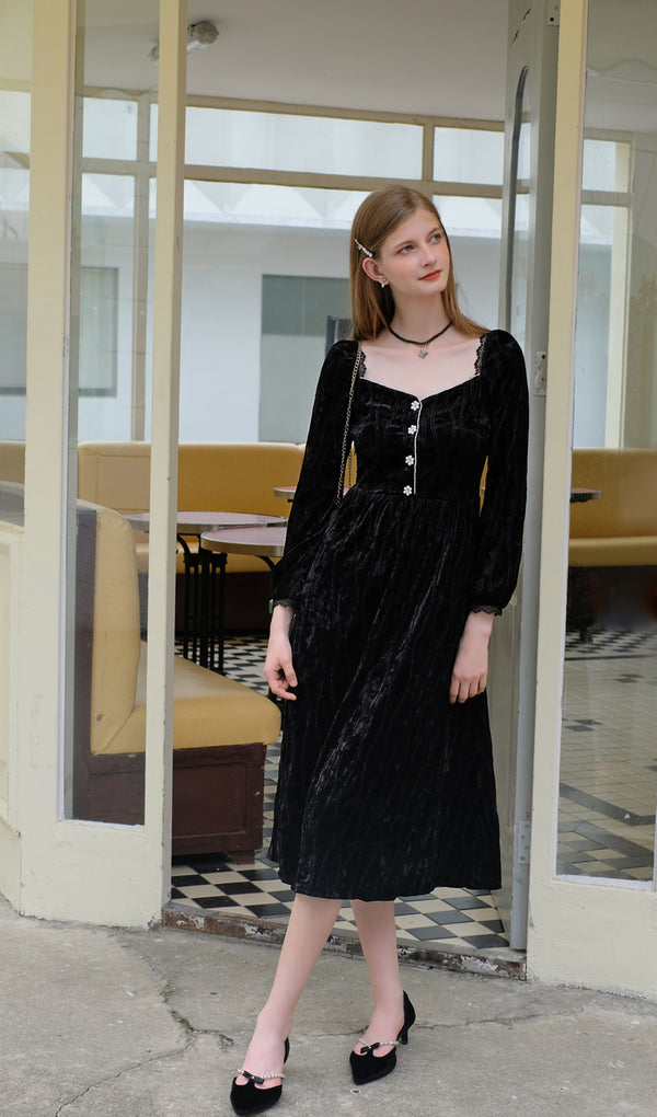 Vintage Swan Velvet Black Midi Dress