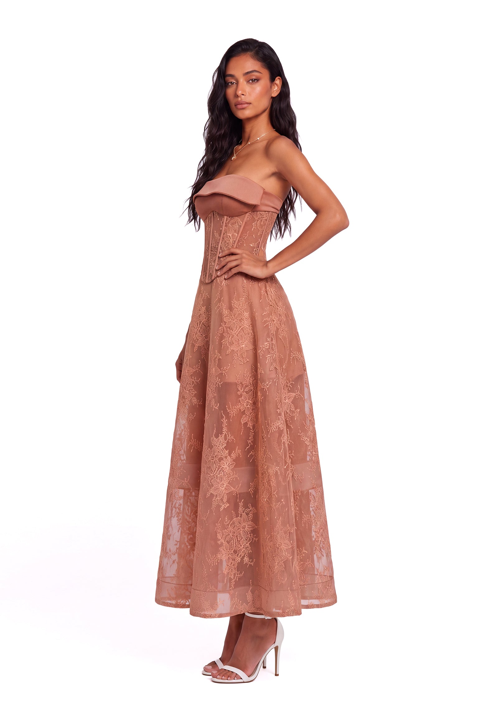Xhosa V Neck Lace Midi Dress In Coffee