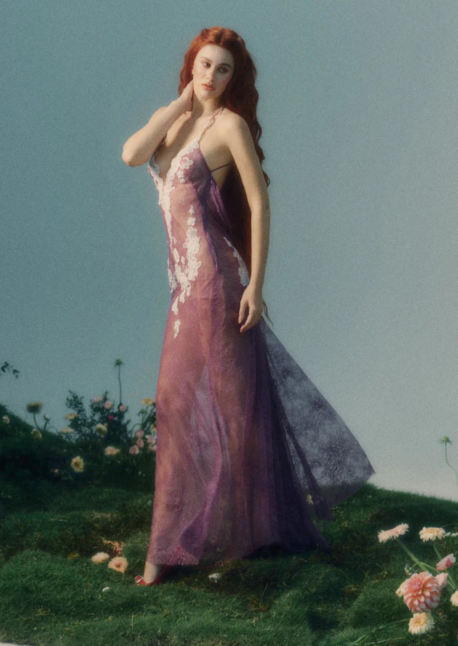 Antheia Sheer Lace Maxi Dress In Light Puple