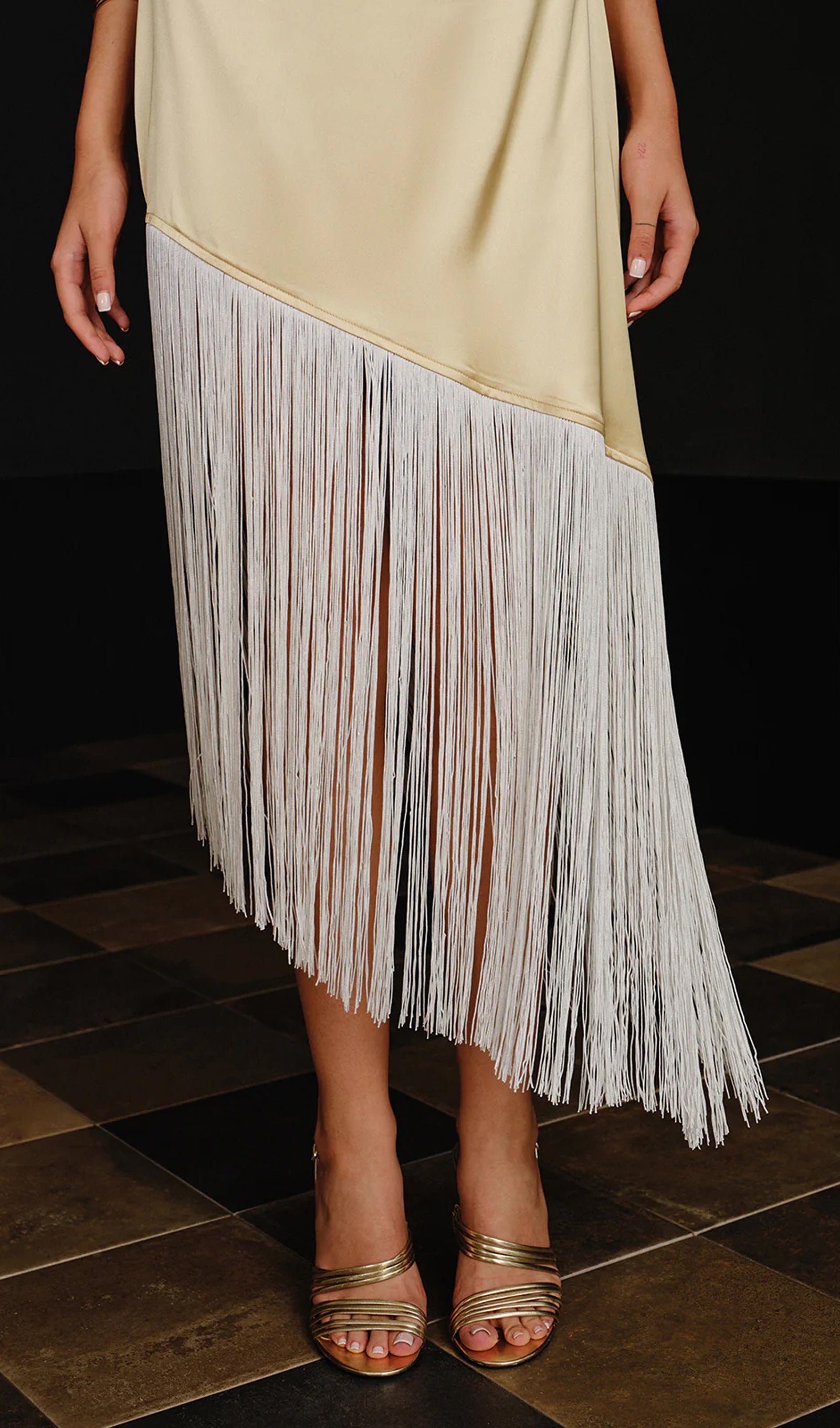 Satin Asymmetric Fringe Hem Midi Dress