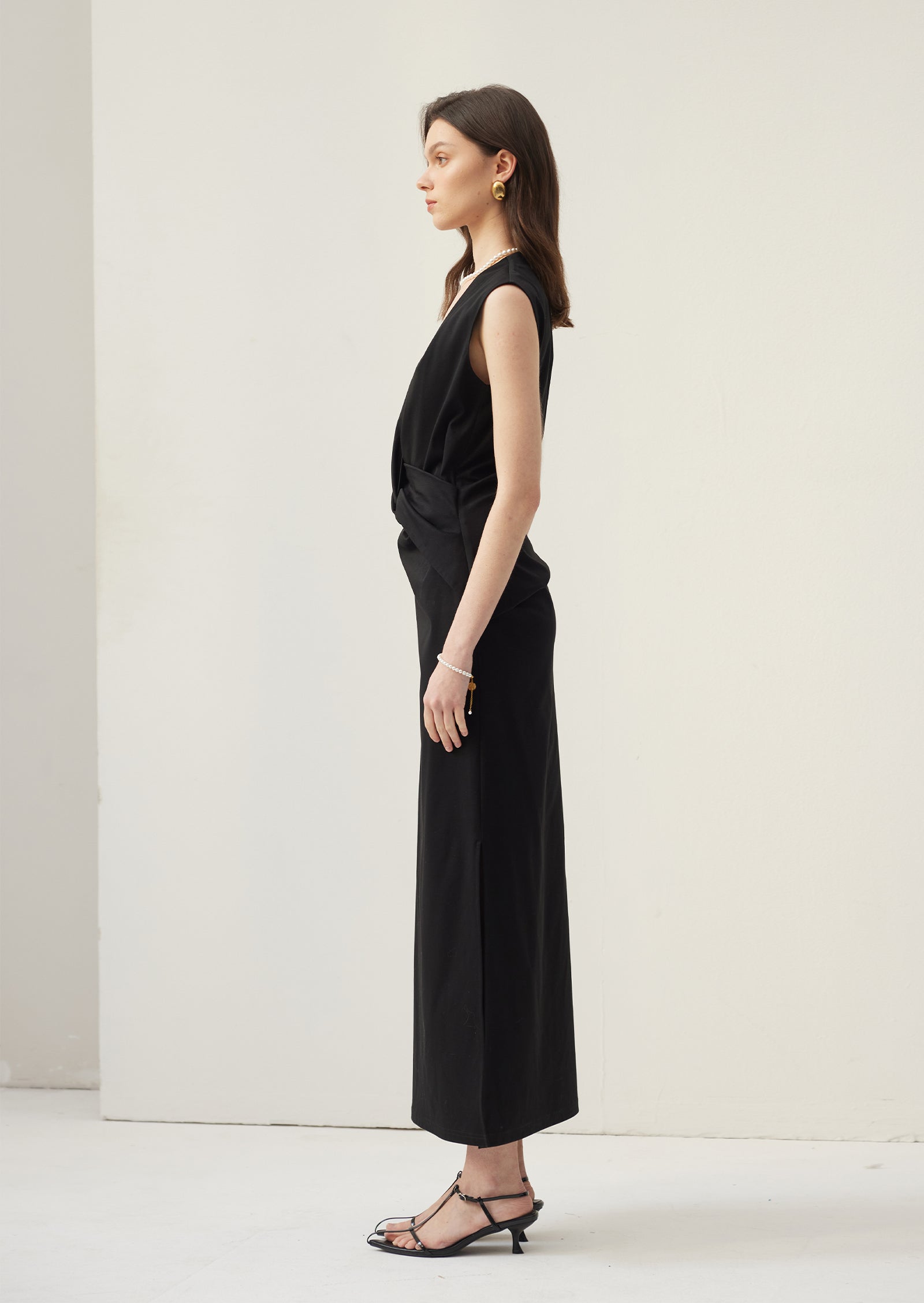 V Neck Crepe Twist Maxi Dress