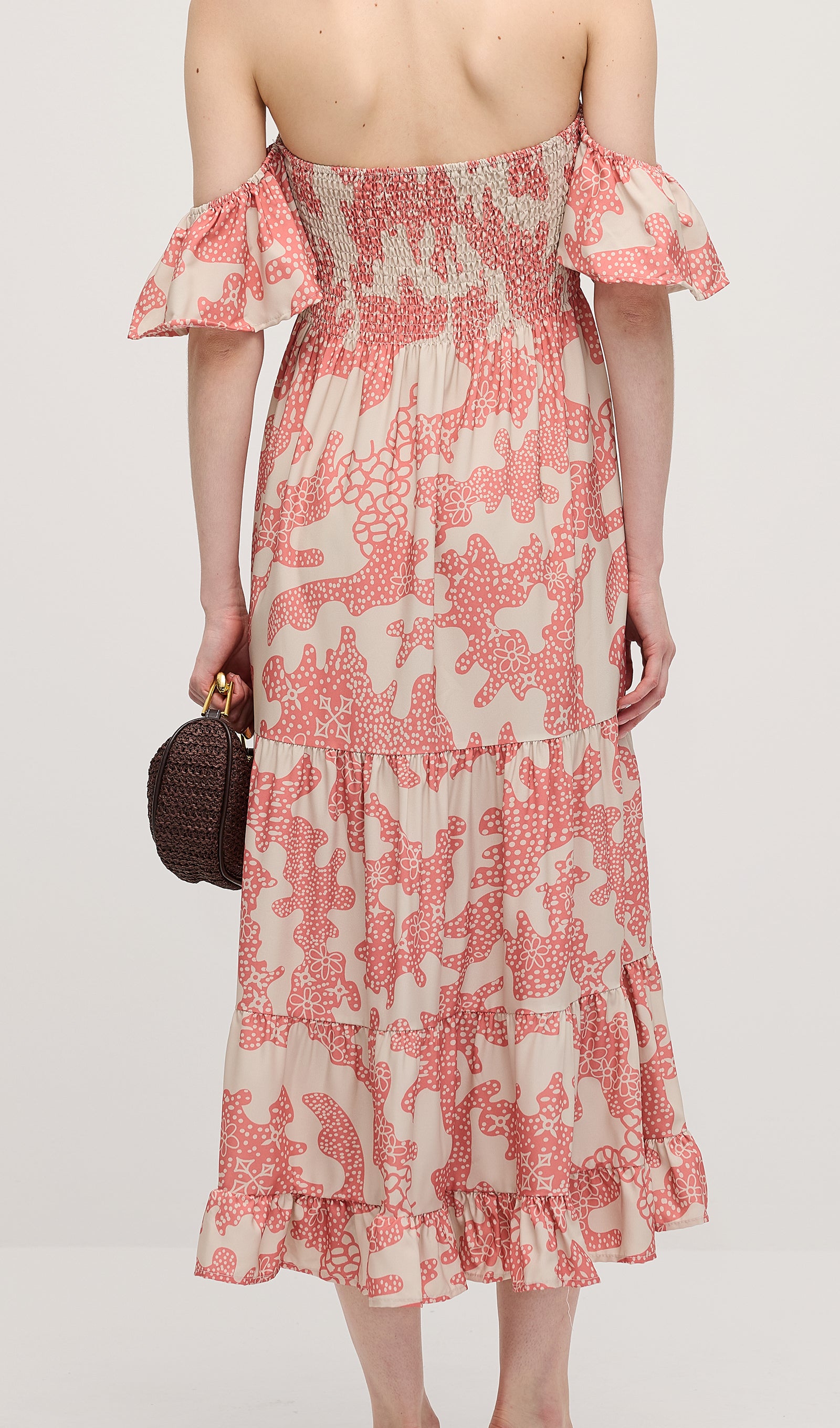 Off Shoulder Smocked Ruffle Printed Midi Dress