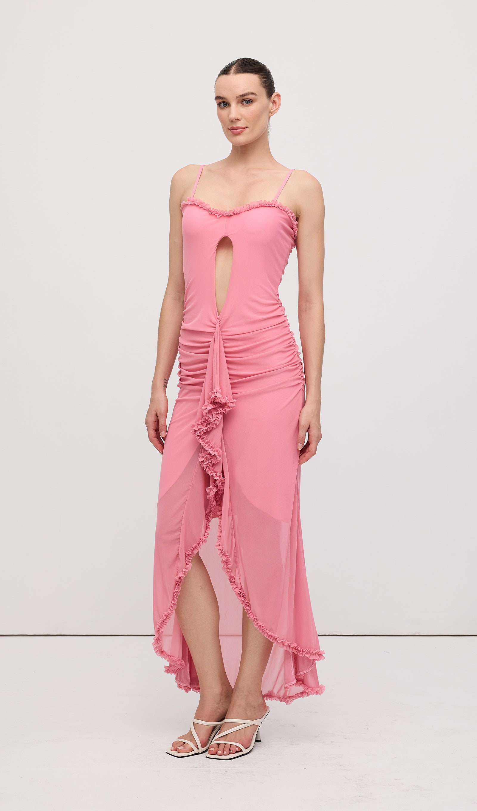 فستان ماكسي بكشكشة أمامية - وردي 