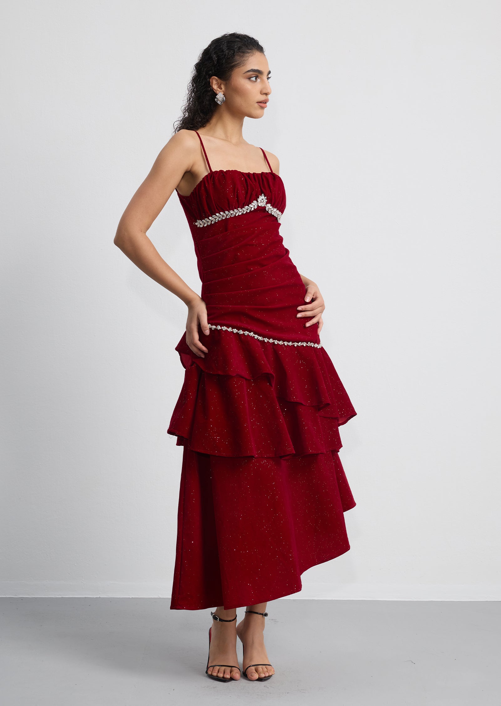 Asymmetrical Ruffled Crystal-Embellished Midi Dress