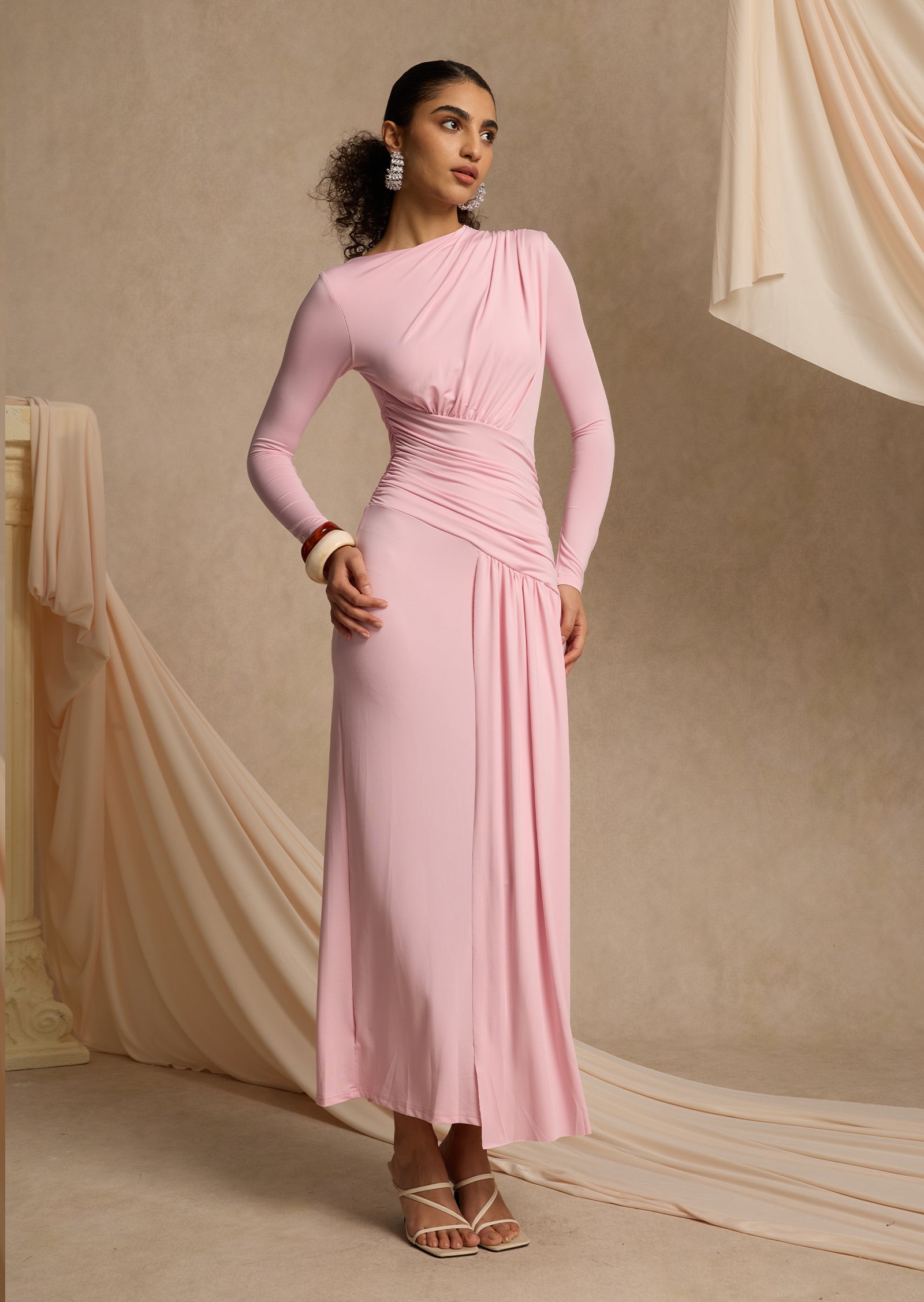 Layali Rose Asymmetric Ruched Maxi Dress