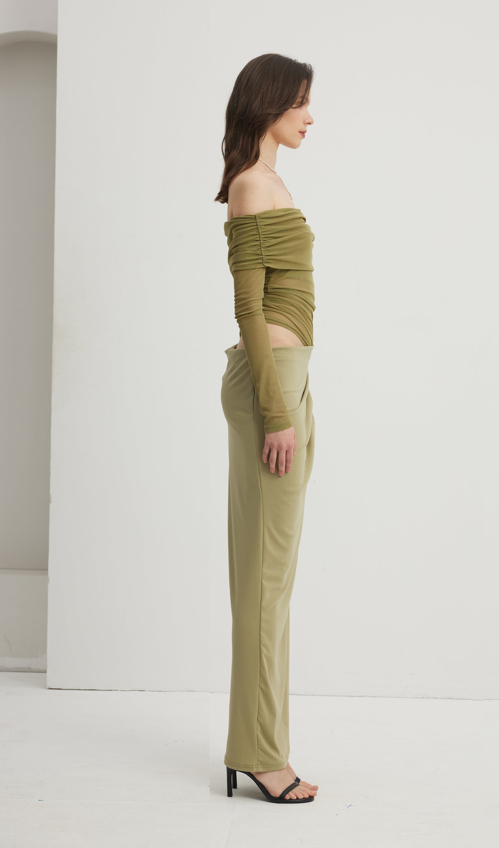 Off Shoulder Sheer Maxi Mesh Green