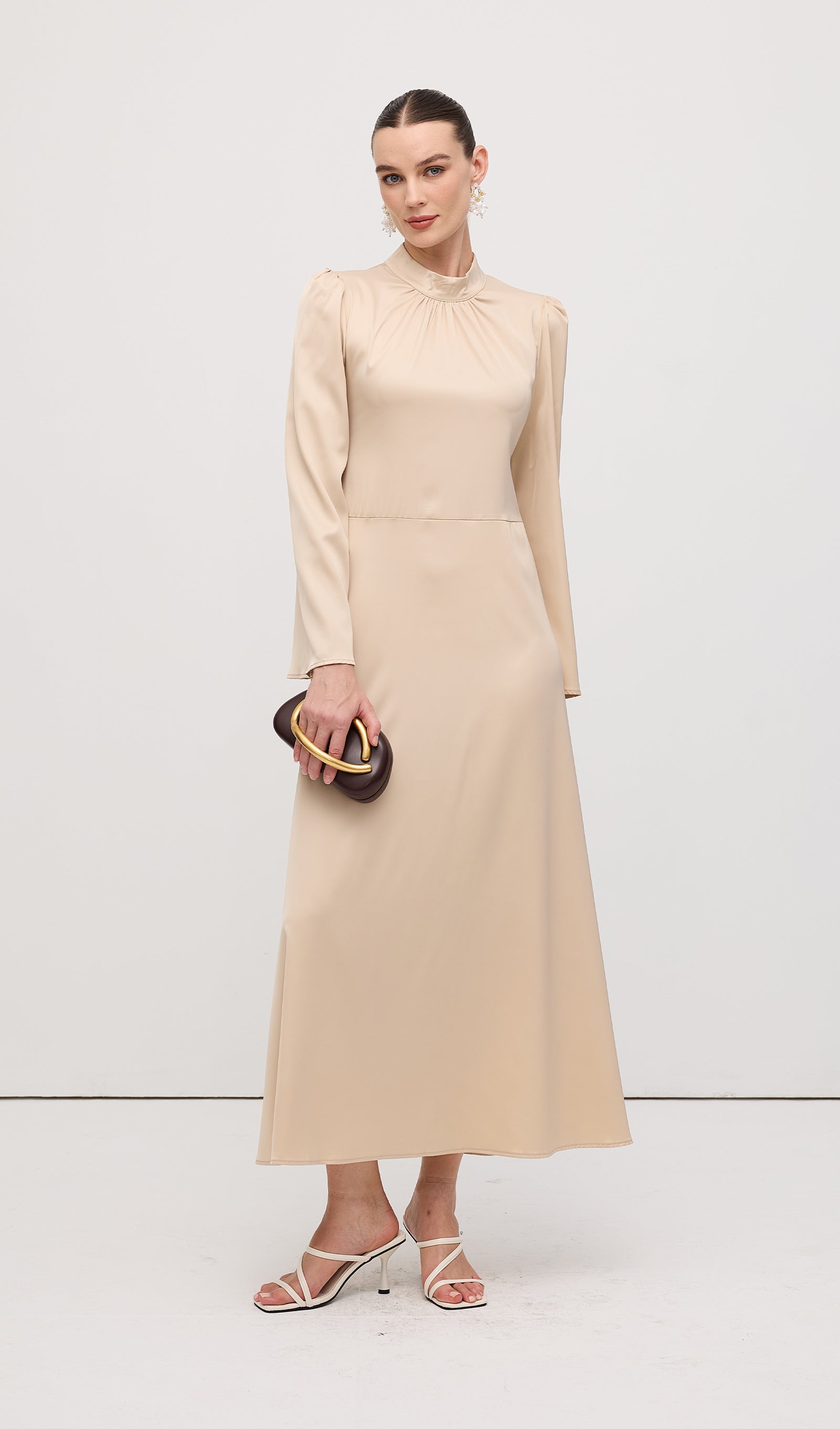 Solid Satin Long Sleeve Maxi Dress