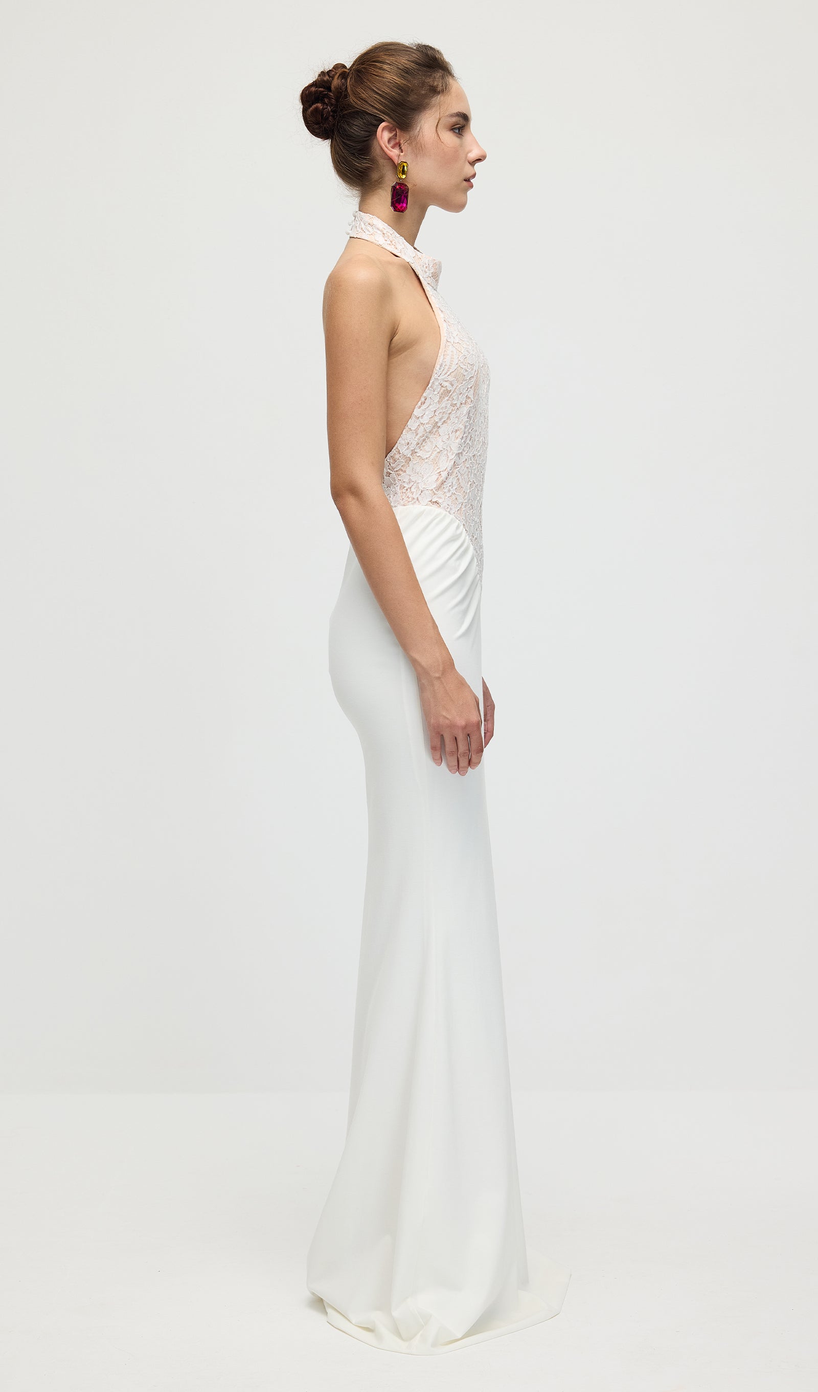 Gathered Lace Jersey Halterneck Dress