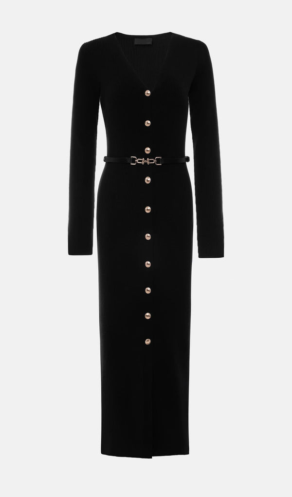 Knitted V Neck Midi Dress -Black