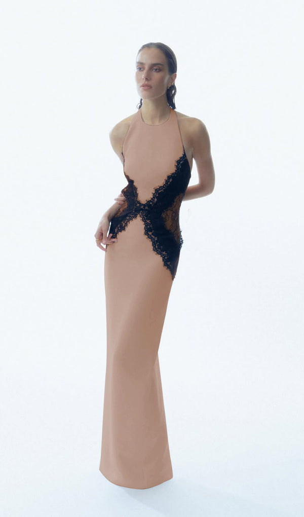 Open Back Maxi Dress In Crepe & Lace In Dark Pink