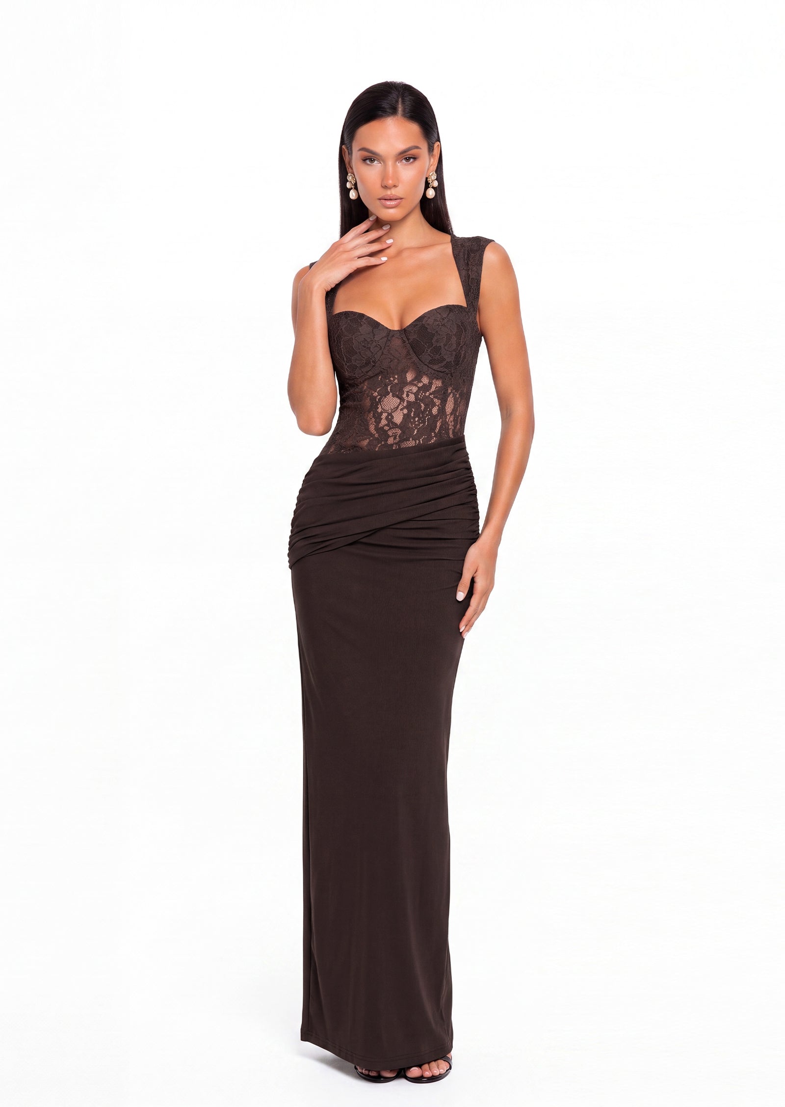 Adaiba Lace Bustier Draped Maxi Dress In Brown