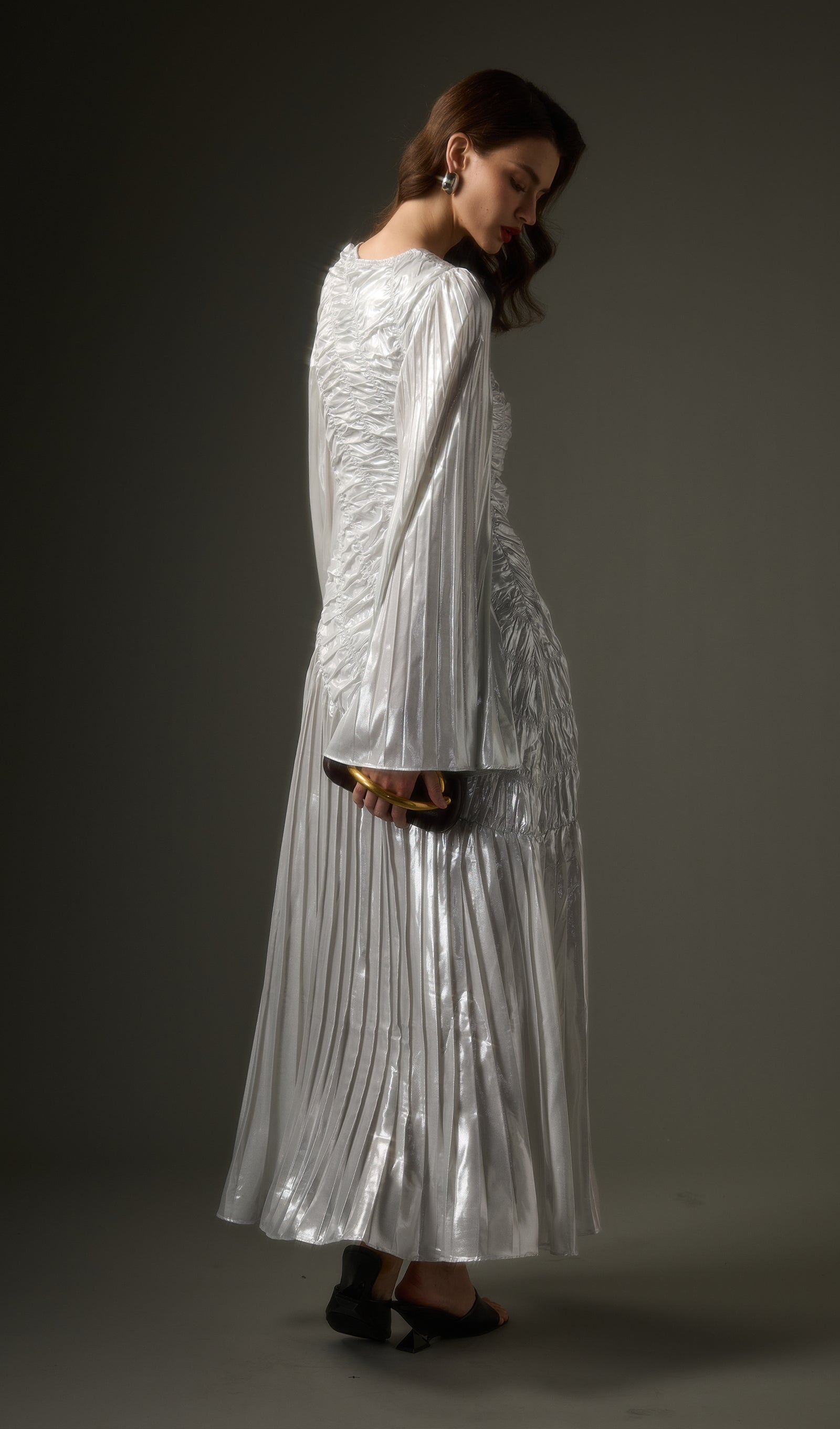 Metallic Long Sleeve Maxi Dress In Silver