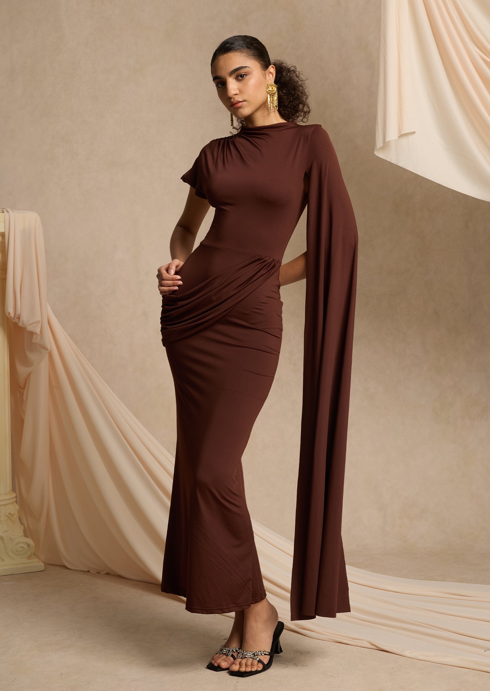 High-Neck Maxi With Long Cape Sleeve