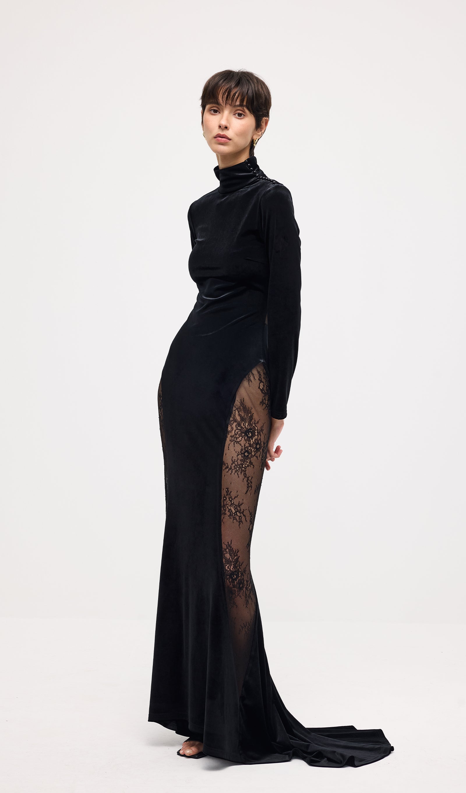 Semi-Sheer Lace Velvet Maxi Dress