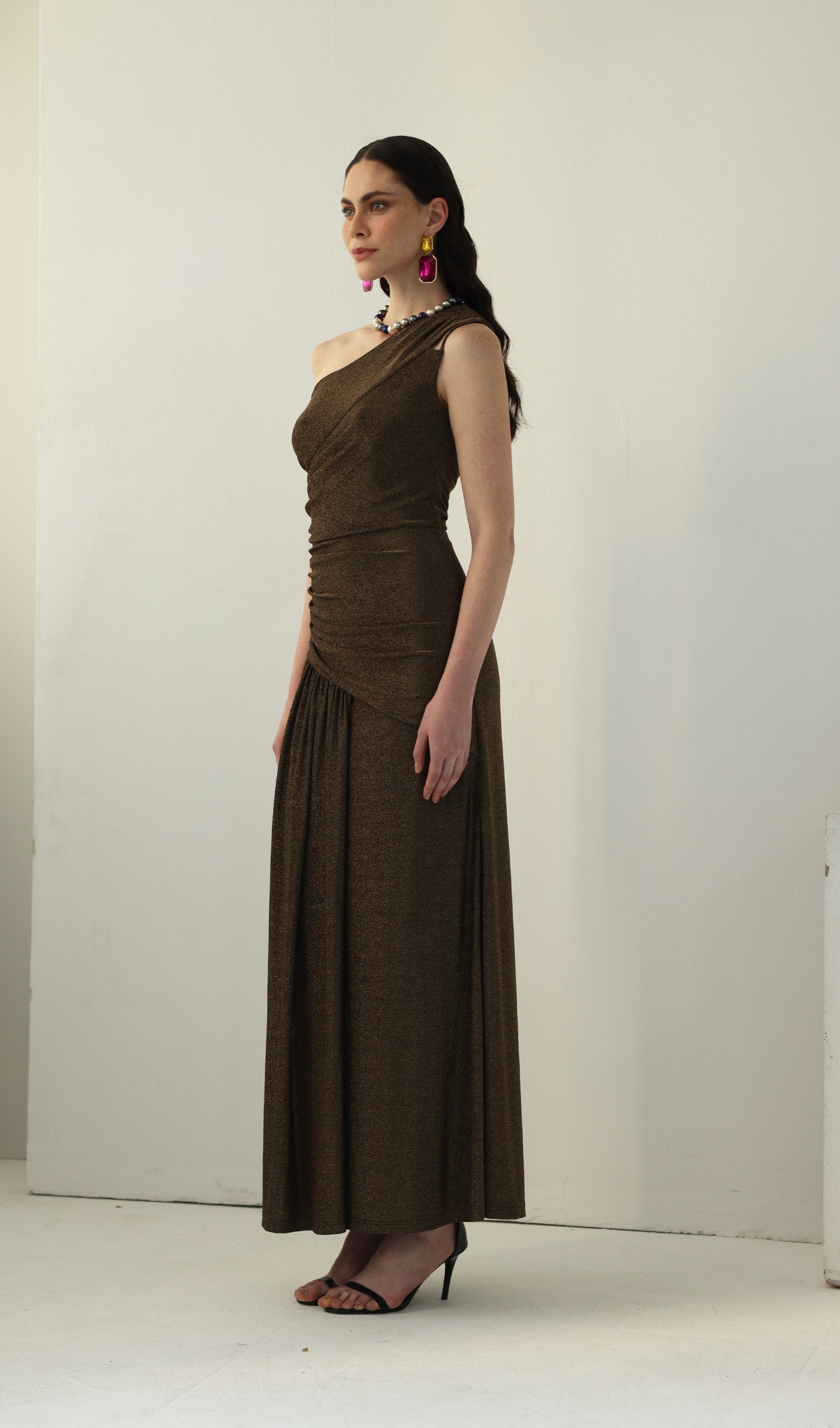 One-Shoulder Glitter Split Maxi Dress