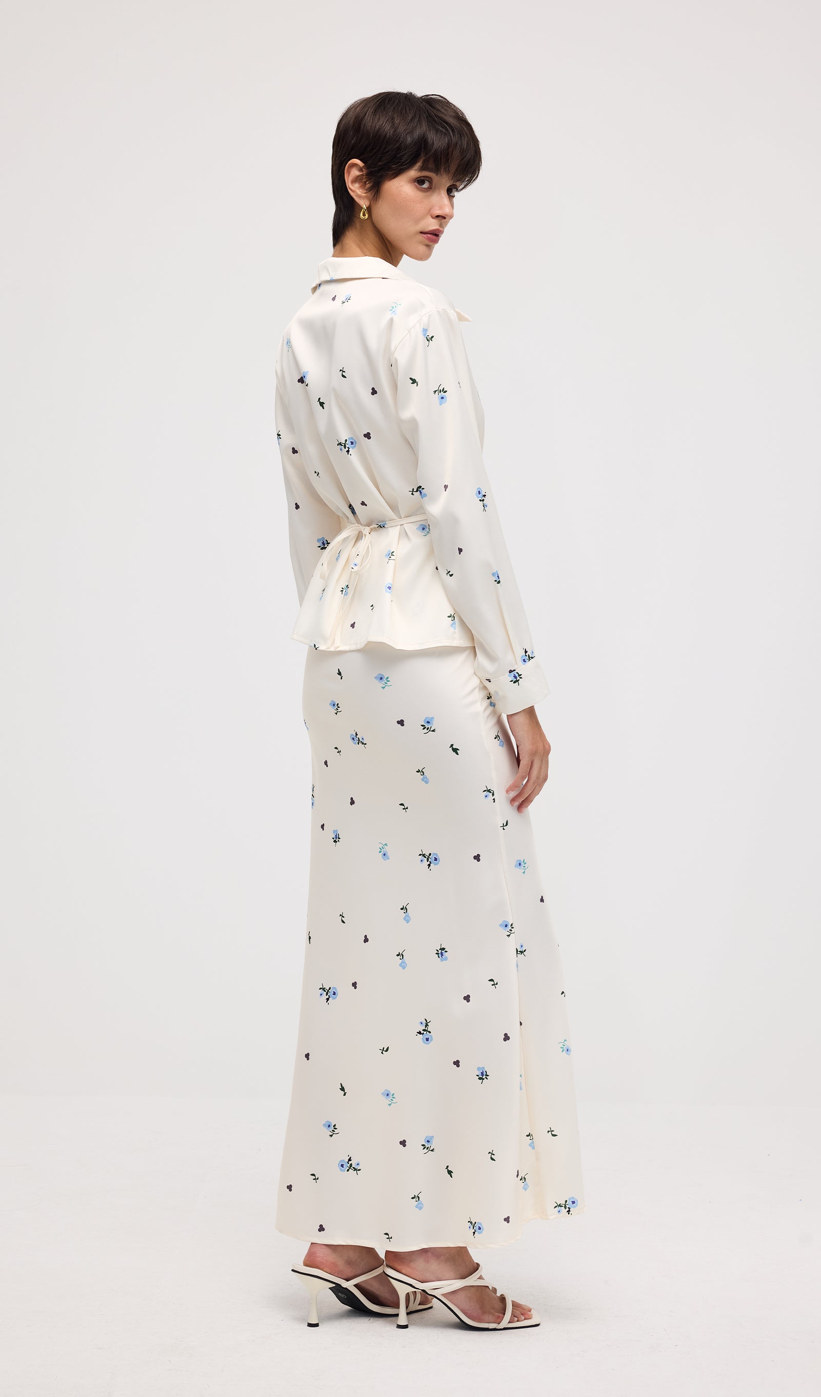 Floral Print Satin Maxi Skirt Two Piece Set