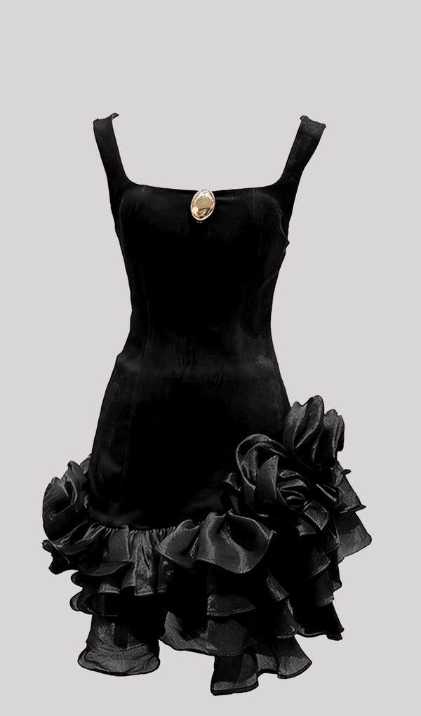 Velvet Tiered Ruffle Mini Dress In Black