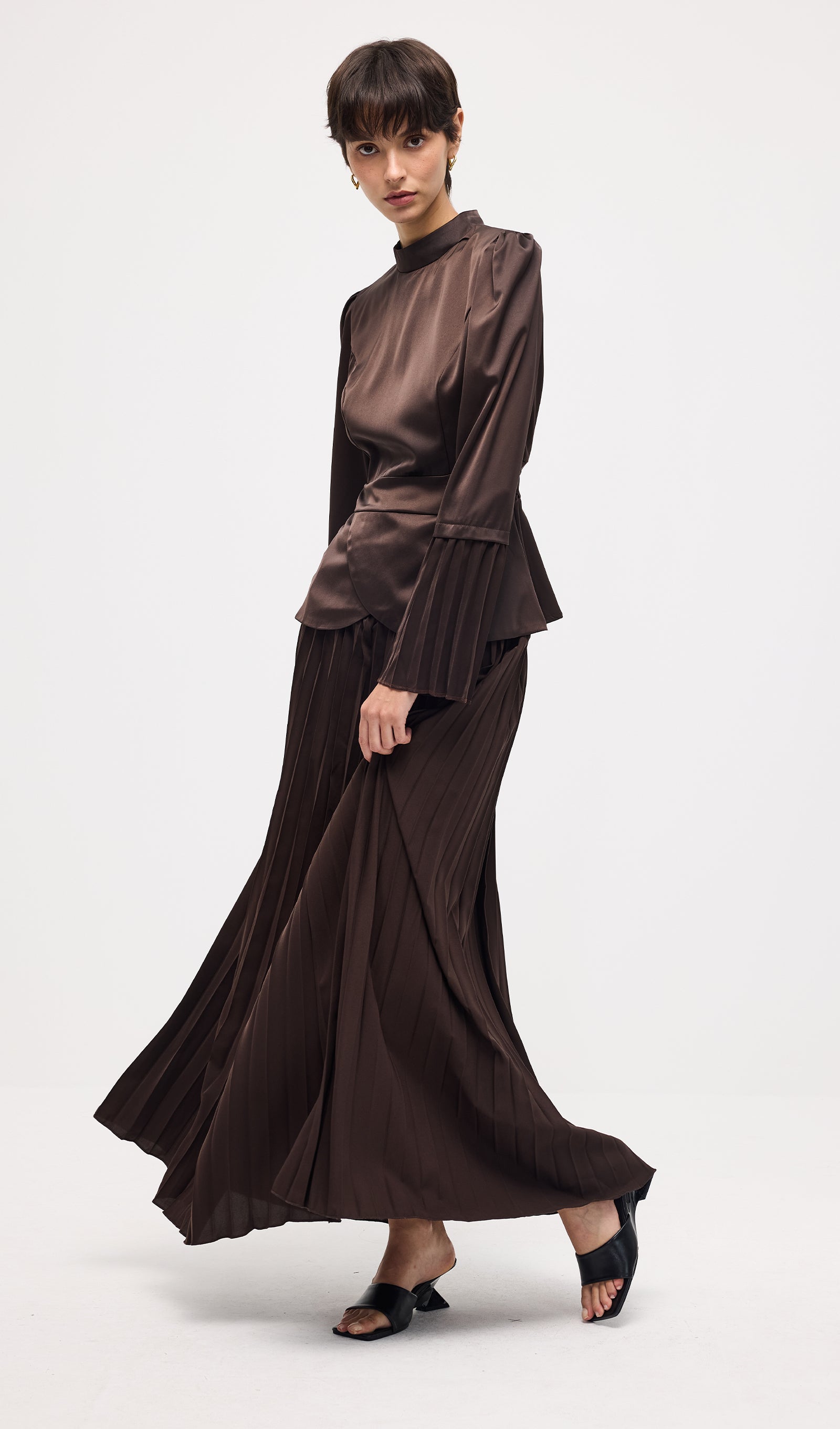 Solid Pleated Peplum Two Piece Set Maxi Skirt