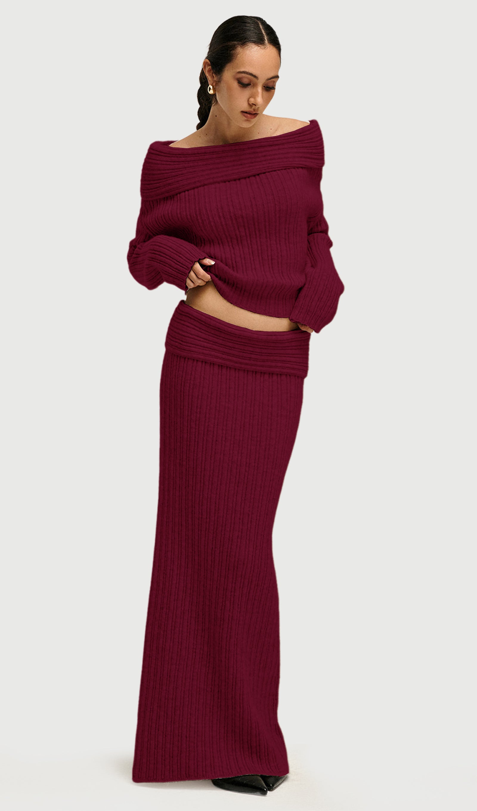 Off Shoulder Knitted Two Piece Set In Red
