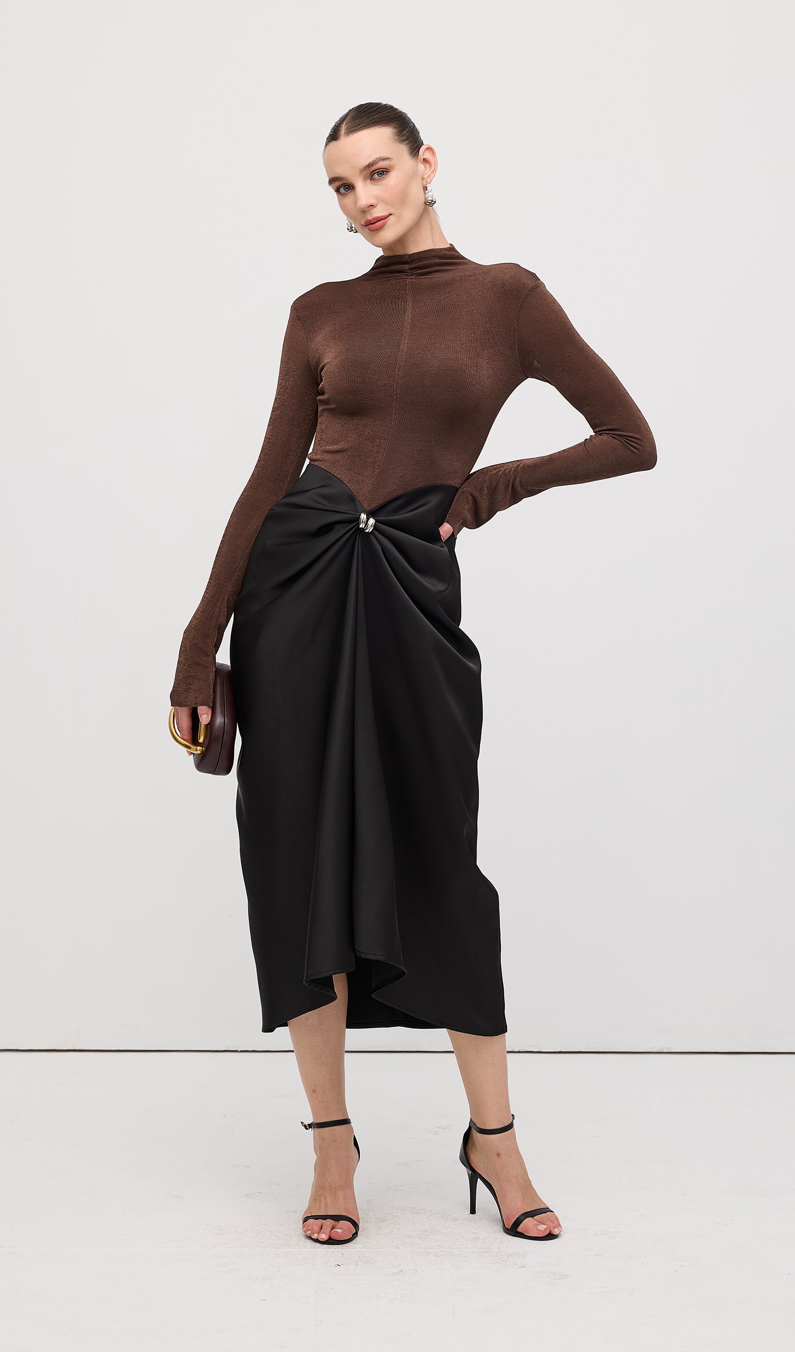 Asymmetrical Pleat Maxi Dress Brown