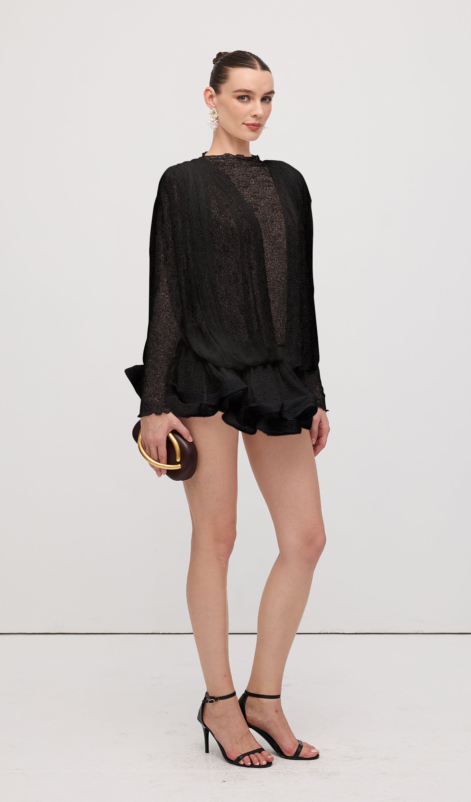 Lace Semi Sheer Ruffled Mini Dress In Black