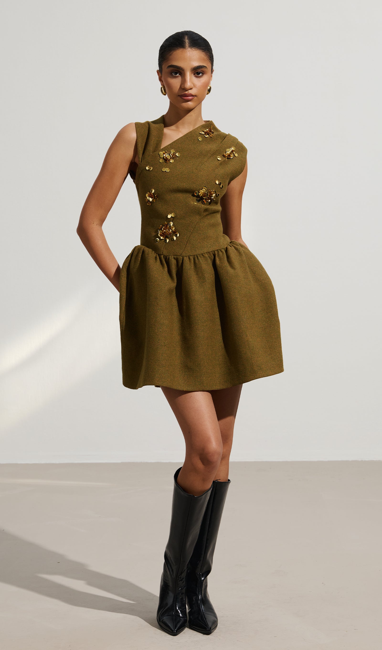 Asymmetrical Neck Embellished Mini Dress