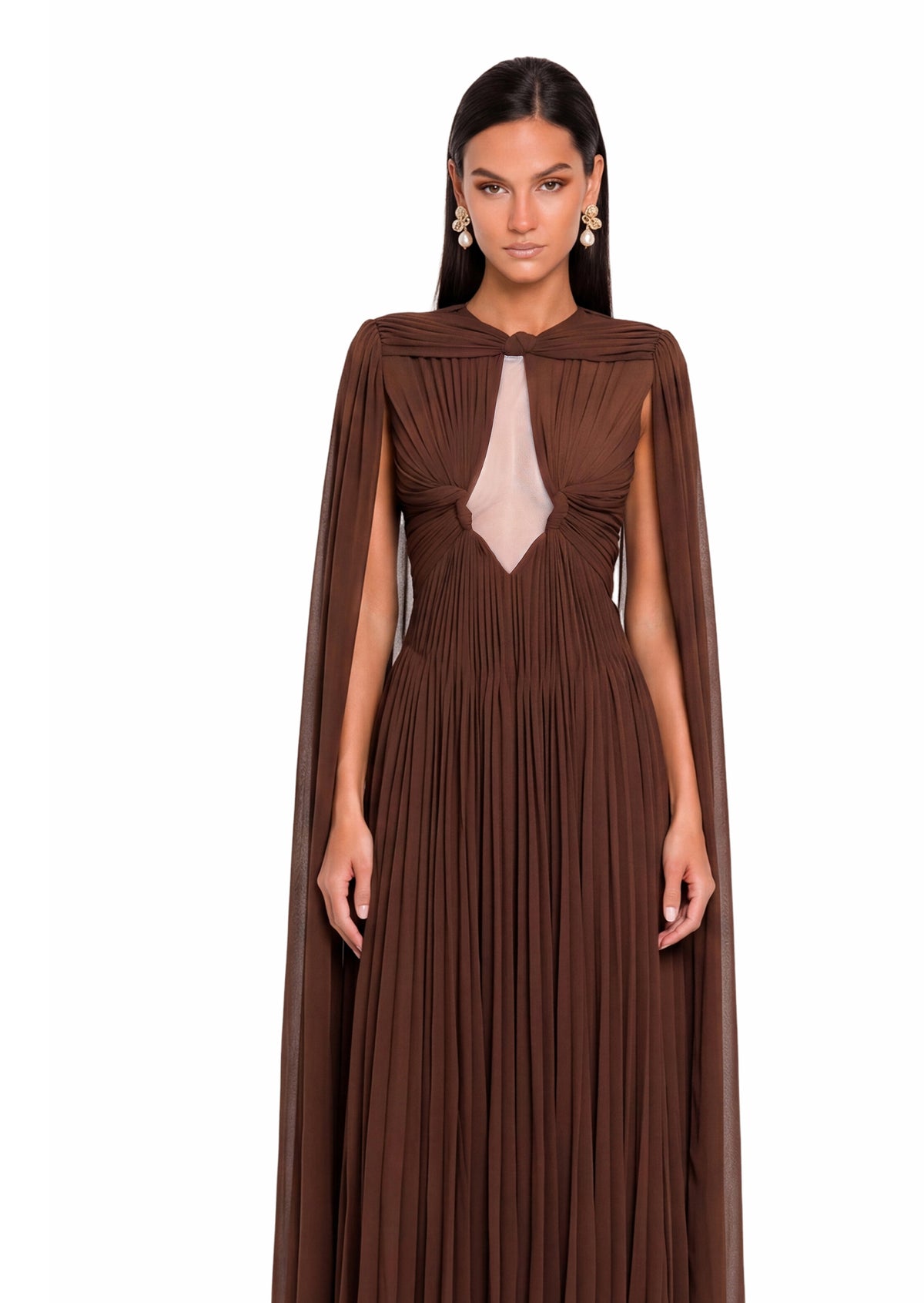 Dacian Cut Out Cape Maxi Dress In Brown