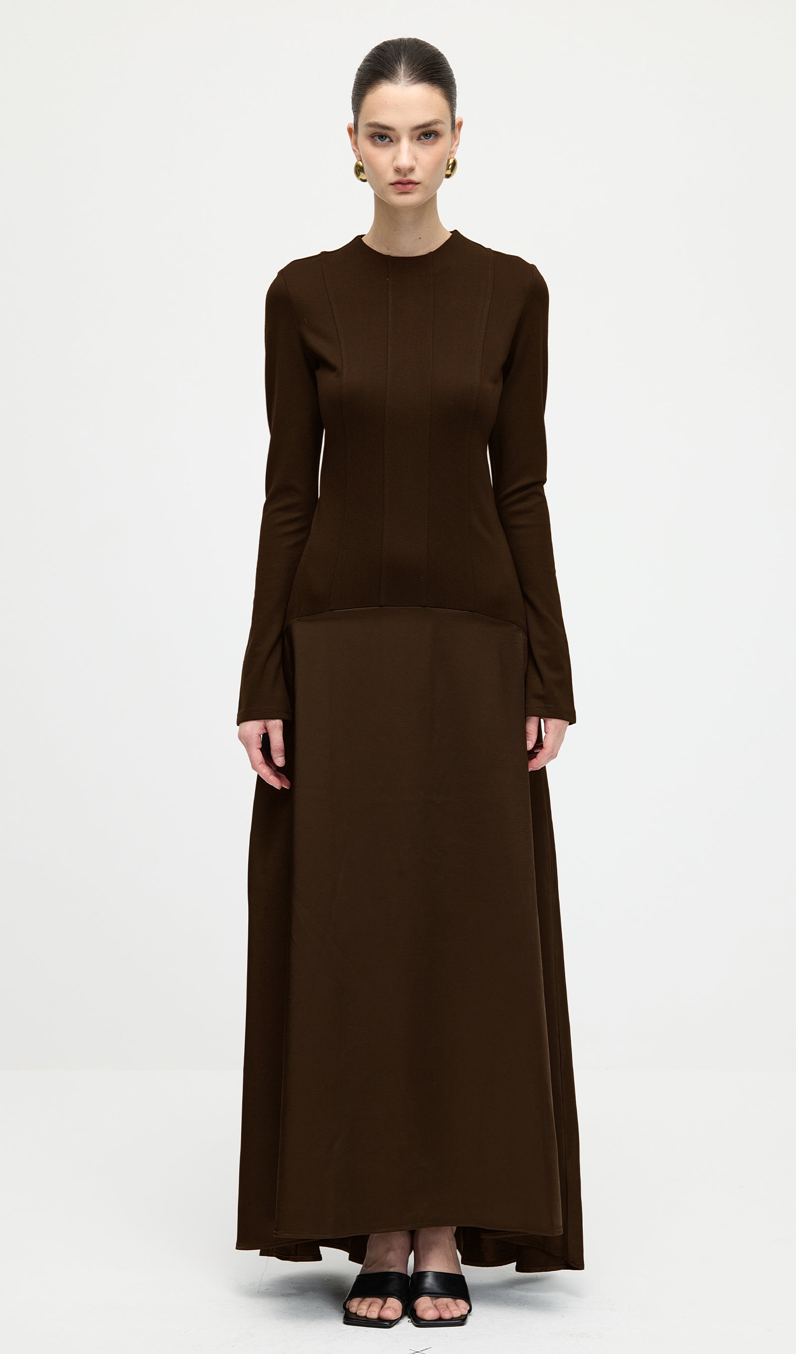 Knitted Satin Maxi Dress In Coffee