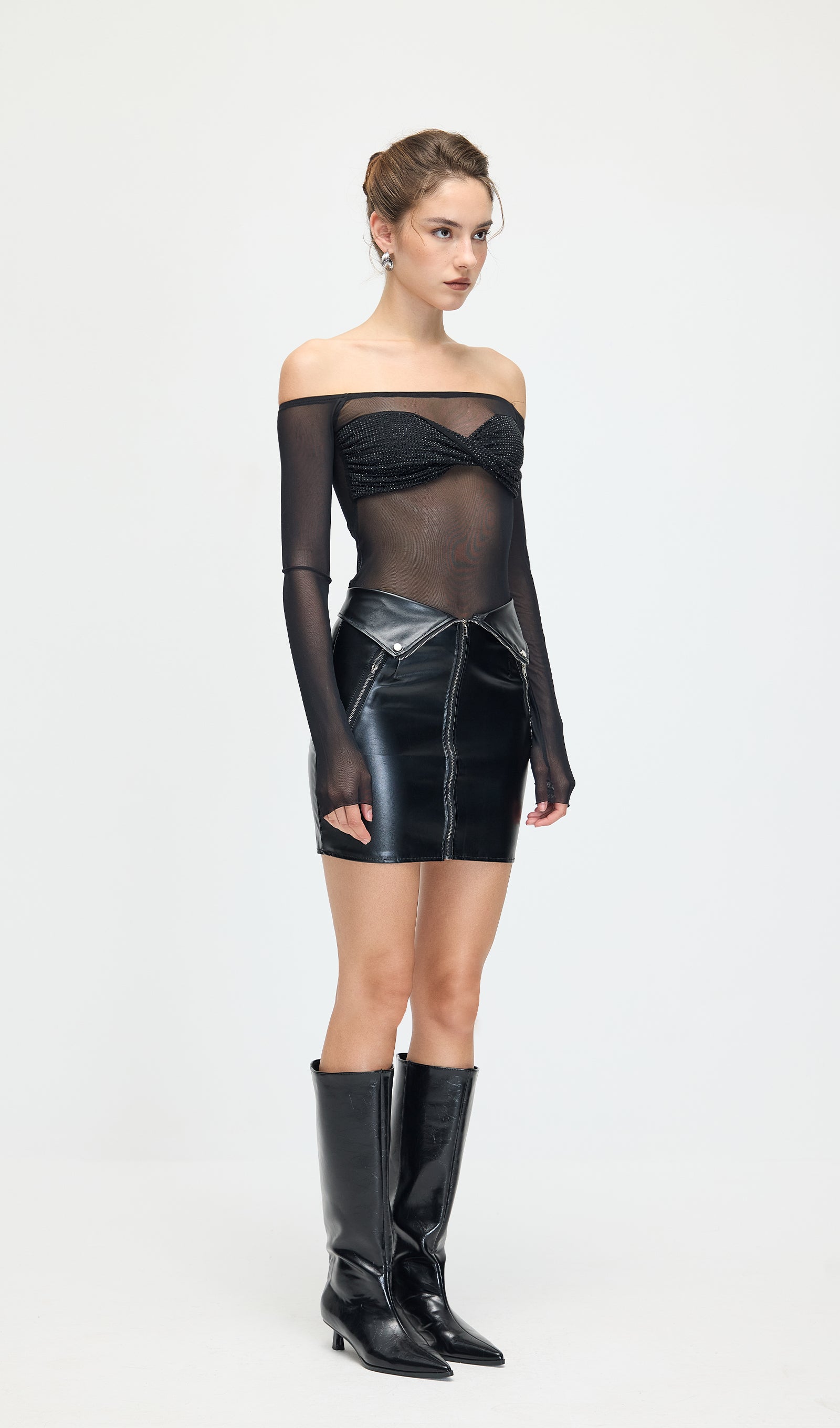 Diamante Off Shoulder Top & Leather Skirt