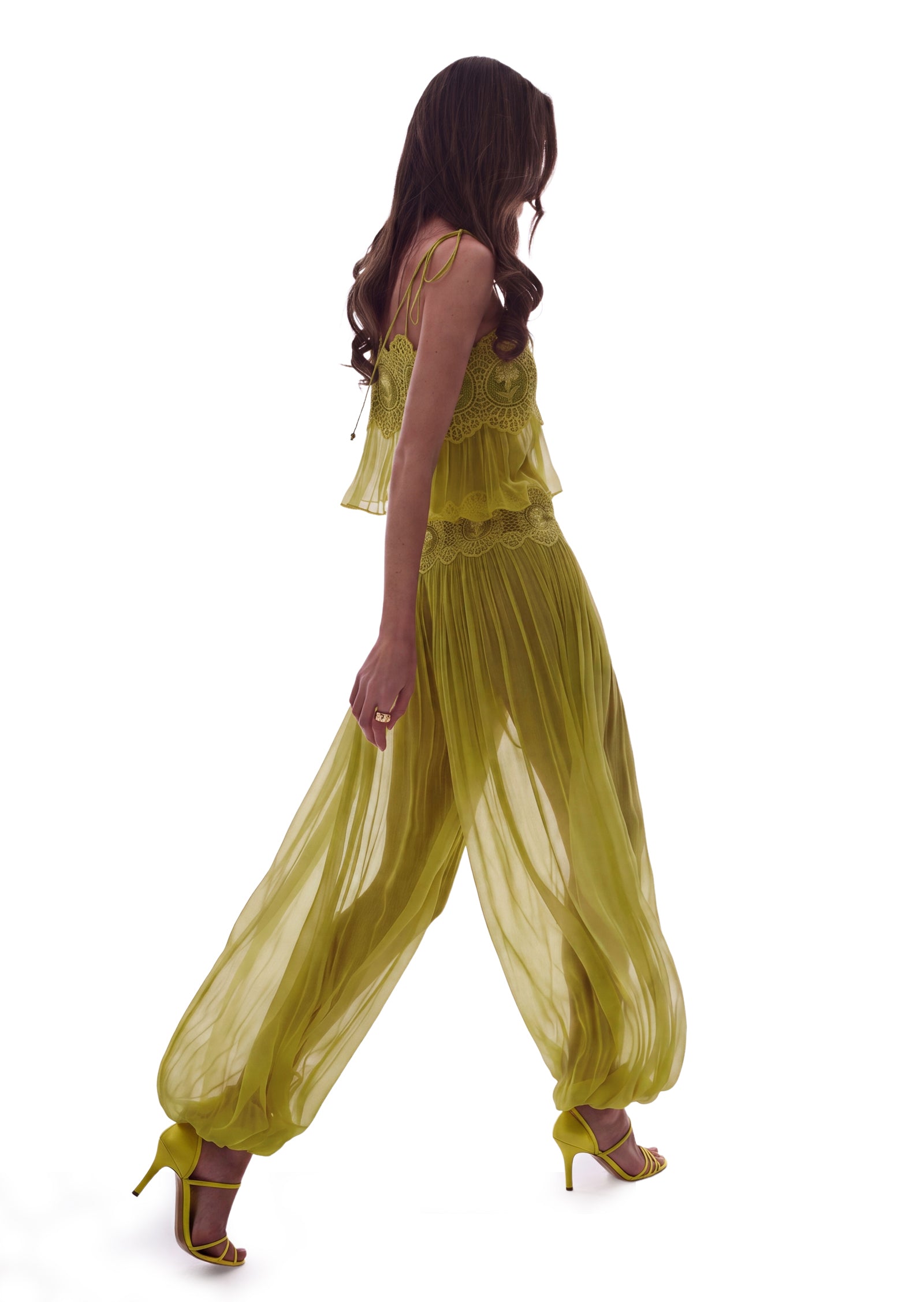 Luenie Chiffon Top & Pant Two Piece Set In Mustard Green