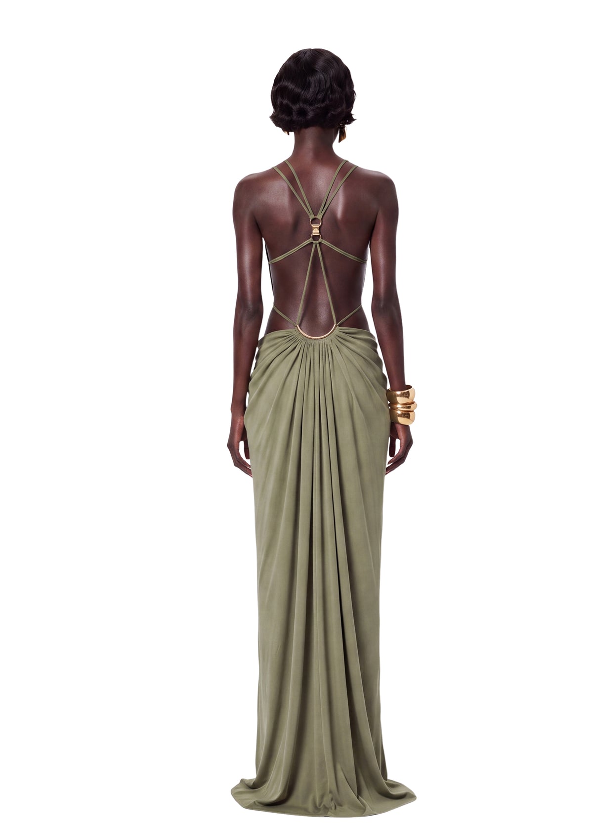 Kaelem Open Back Stretch Maxi Dress In Gray Green