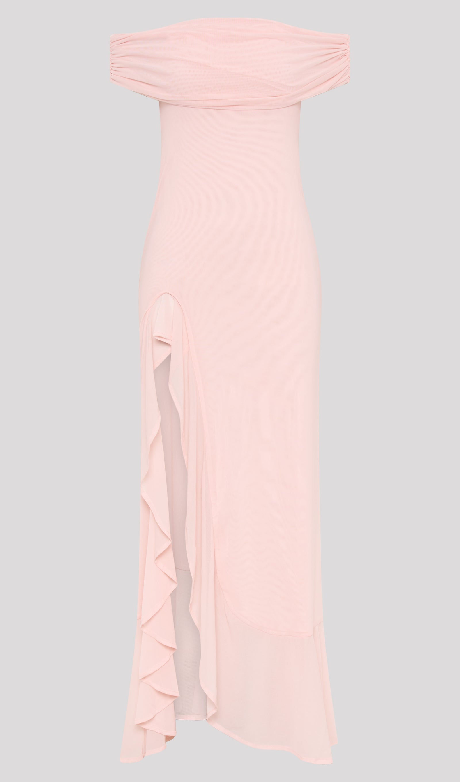 Off Shoulder Mesh Maxi Dress In Pale Pink