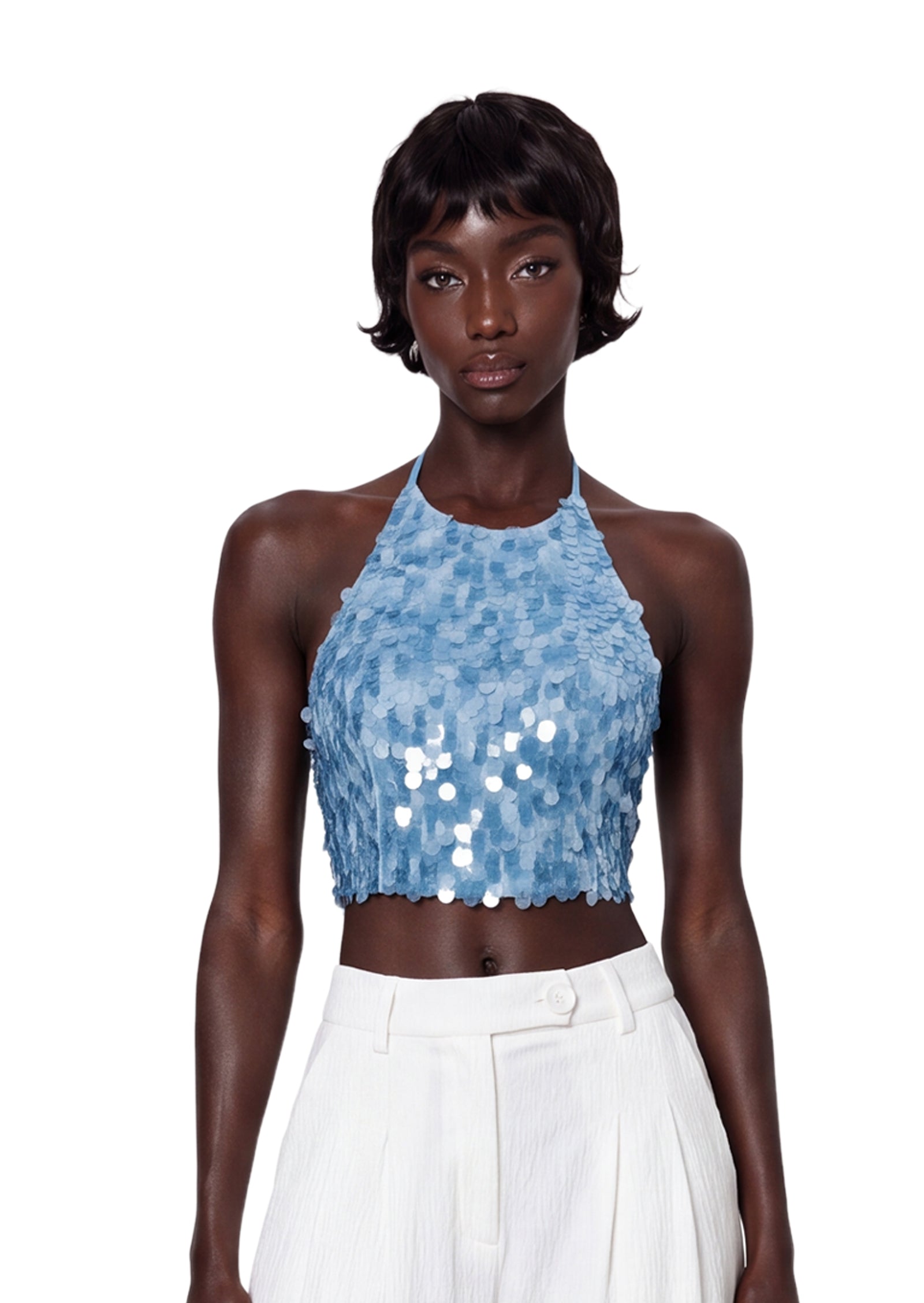 Kahale Open Back Sequined Halter Top In Blue