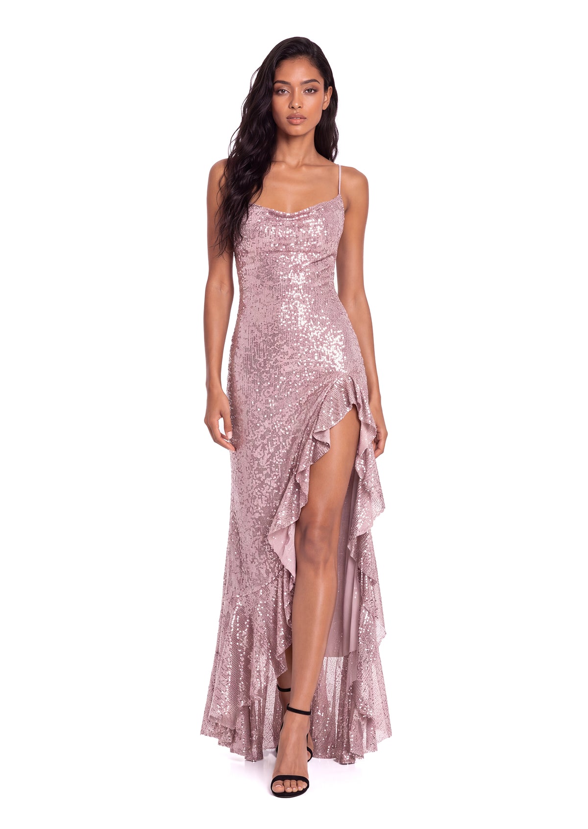 Yanaba Slit Ruffled Sequin Maxi Dress In Pink