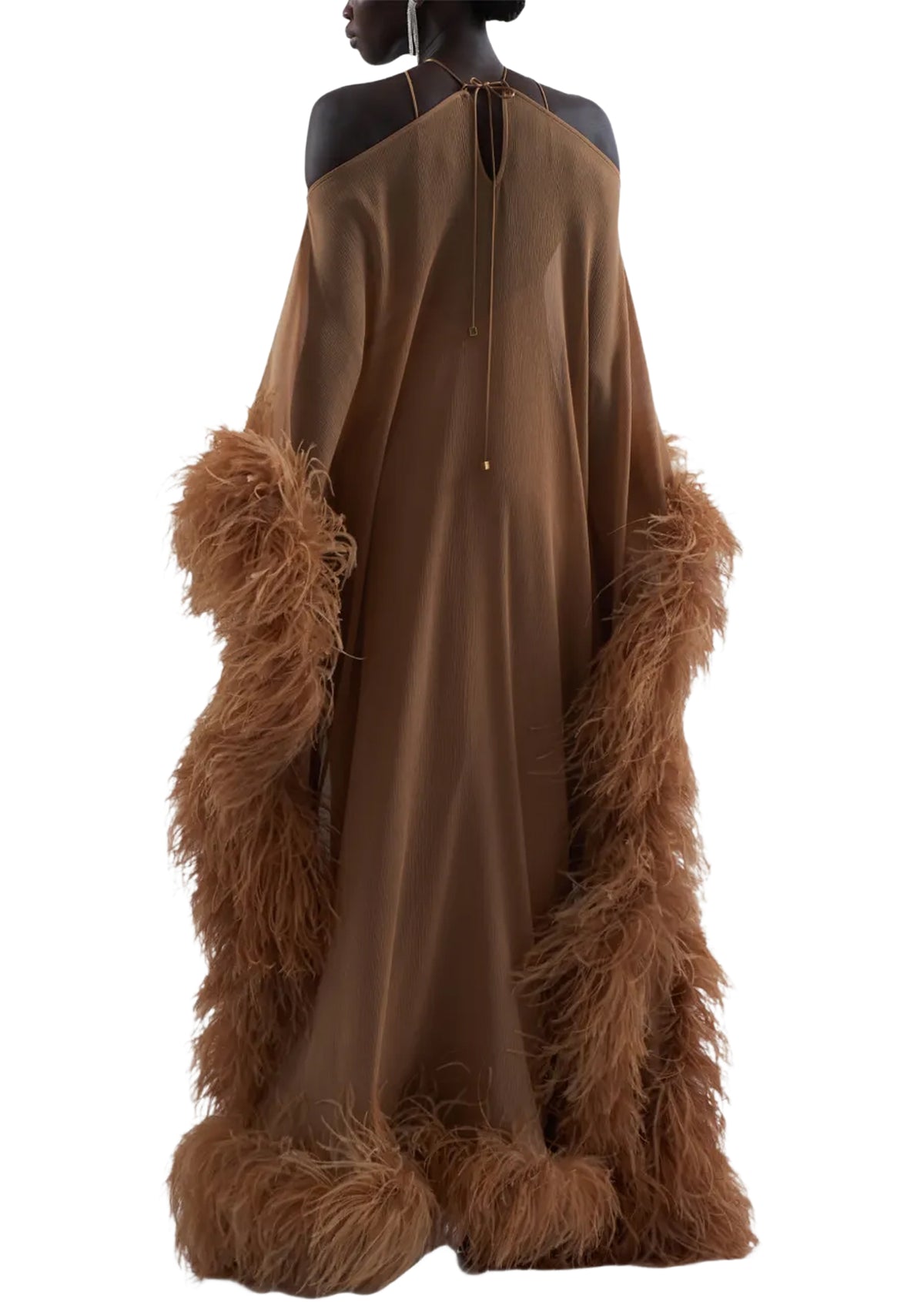 Paget Halter Neck Ostrich Feather Maxi Dress In Camel