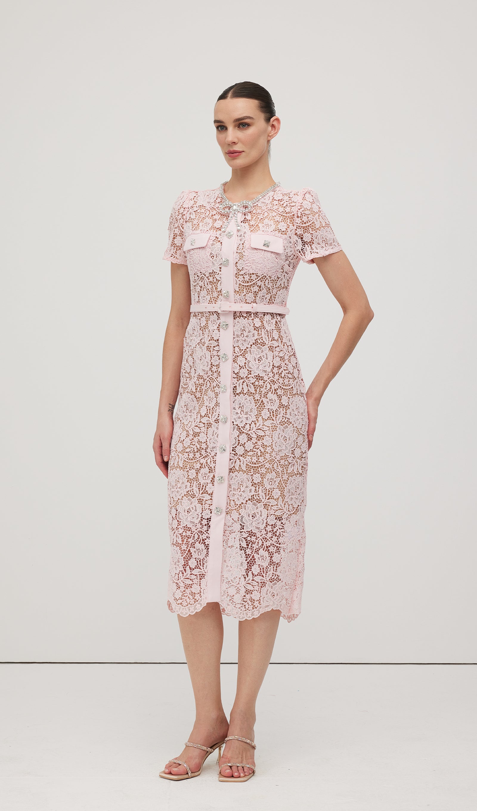 Lace Diamante Bow Midi Dress