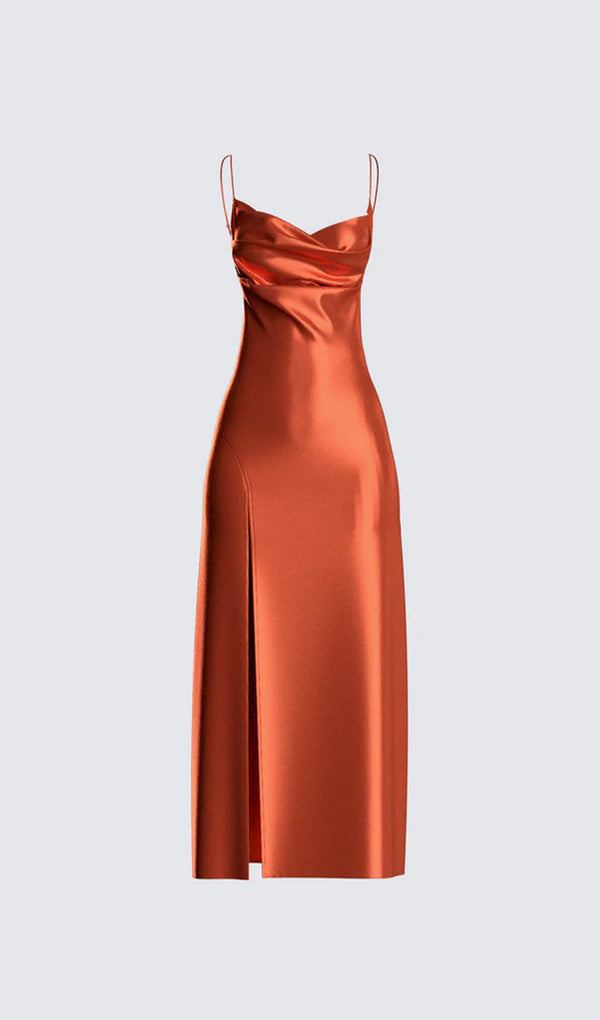 Orange Satin Midi Dress