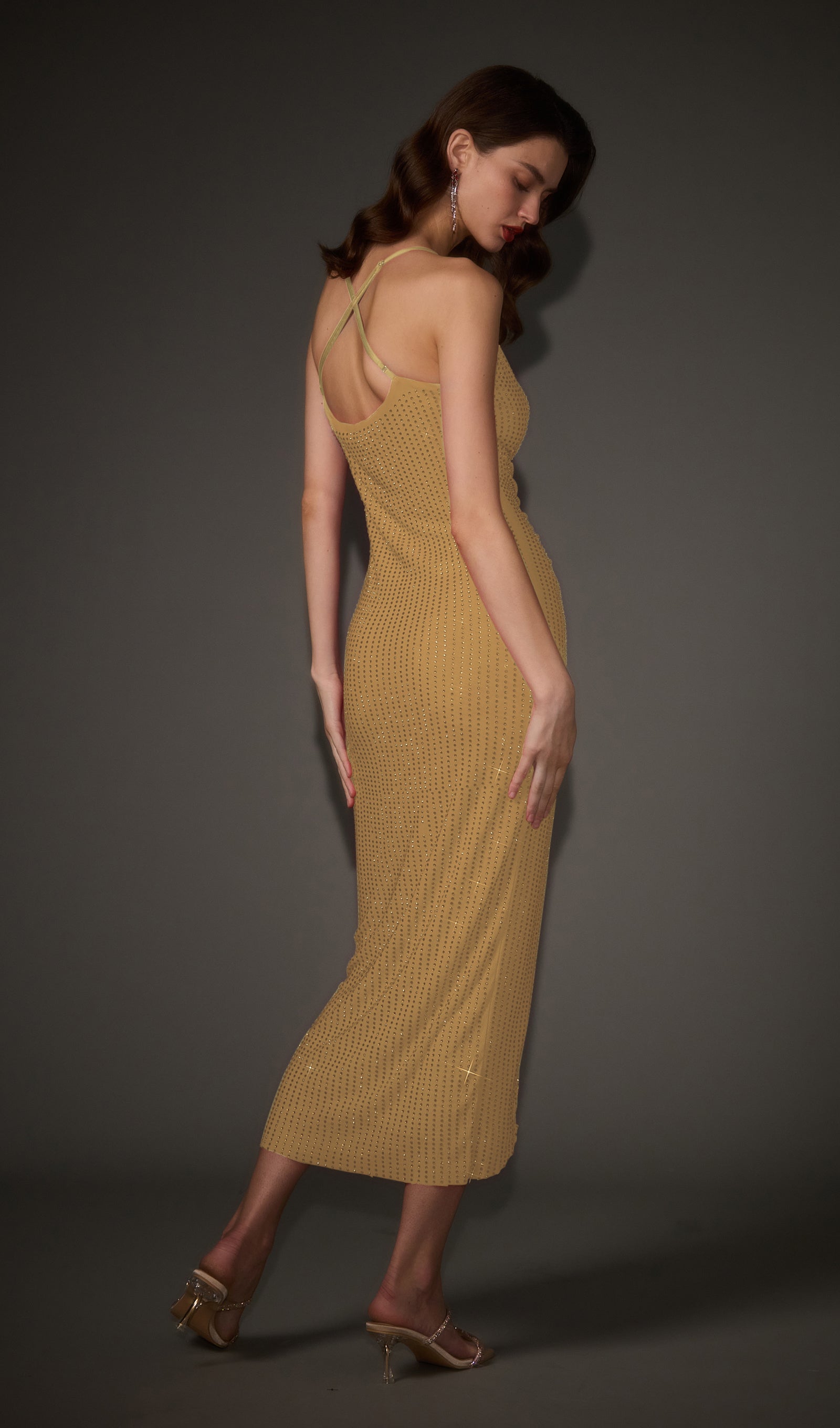 Diamante Ruched Midi Dress In Champagne