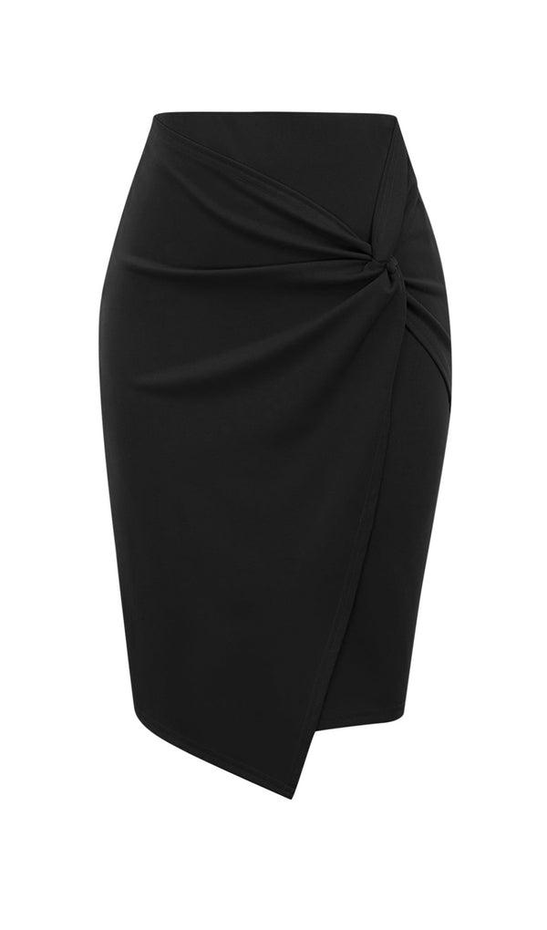 High Waist Wrap Front Midi Skirt-Black