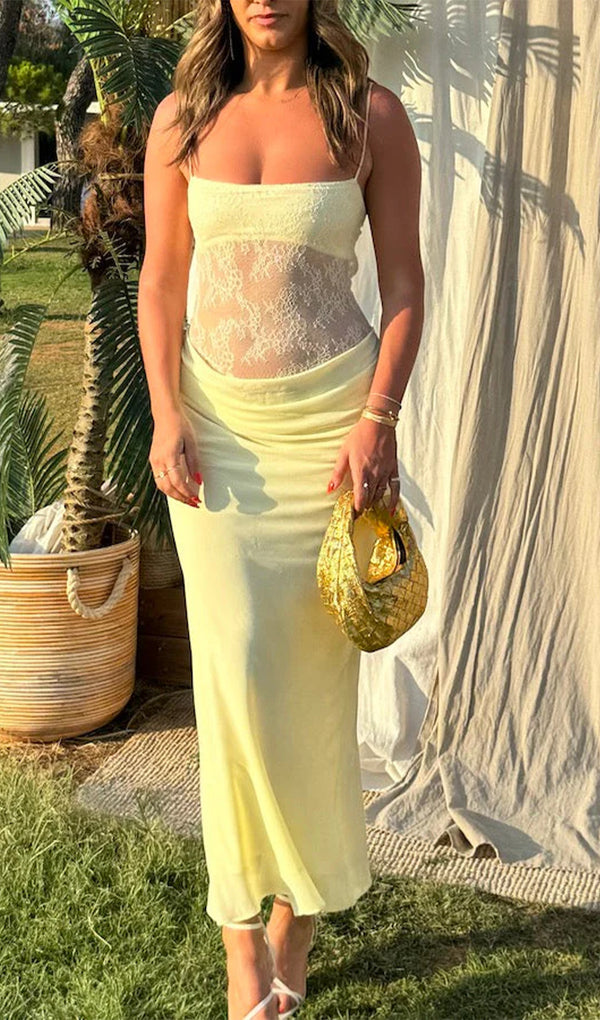 Lace Hollow Out Maxi Dress-Yellow