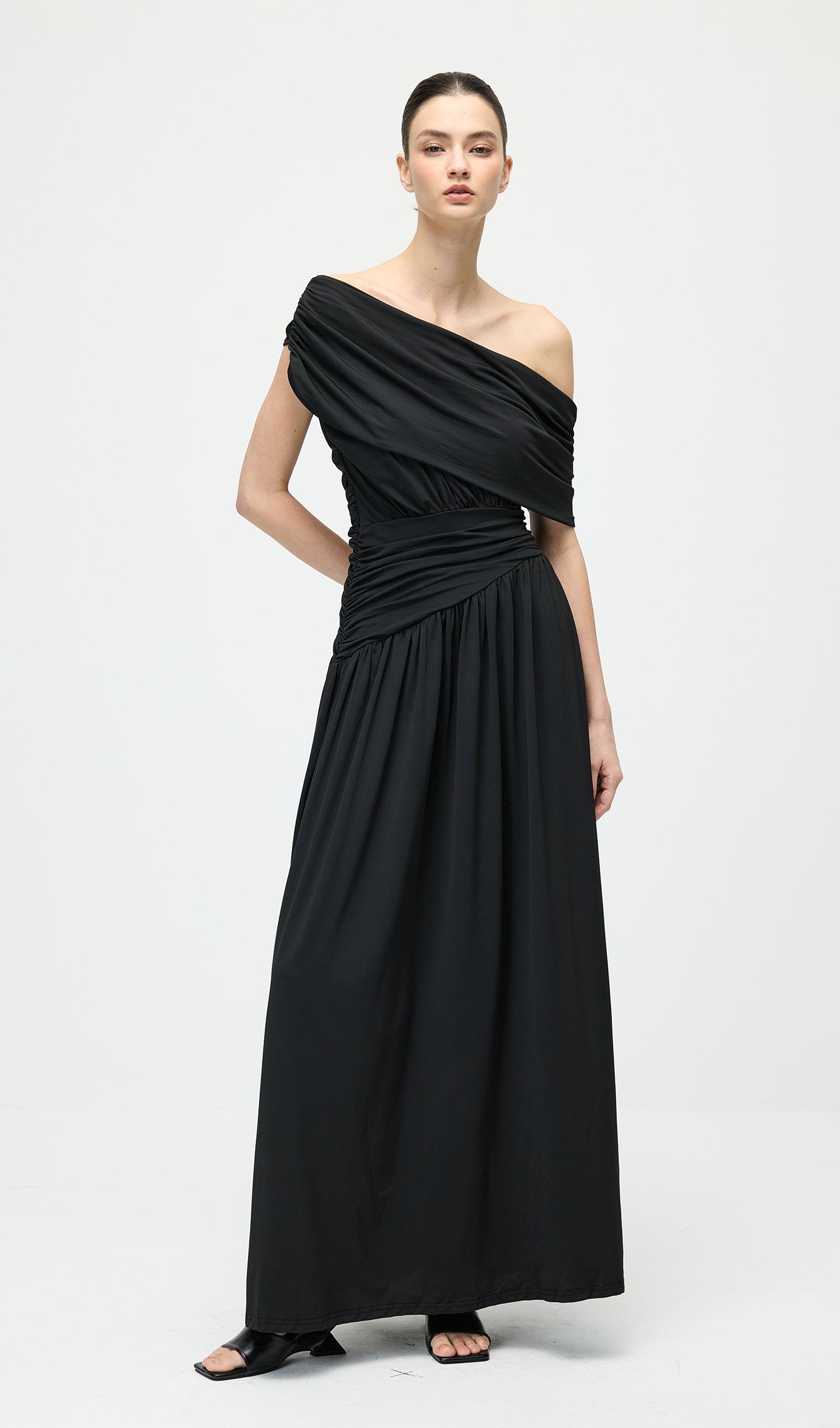 Black Off Shoulder Pleated Maxi Dress