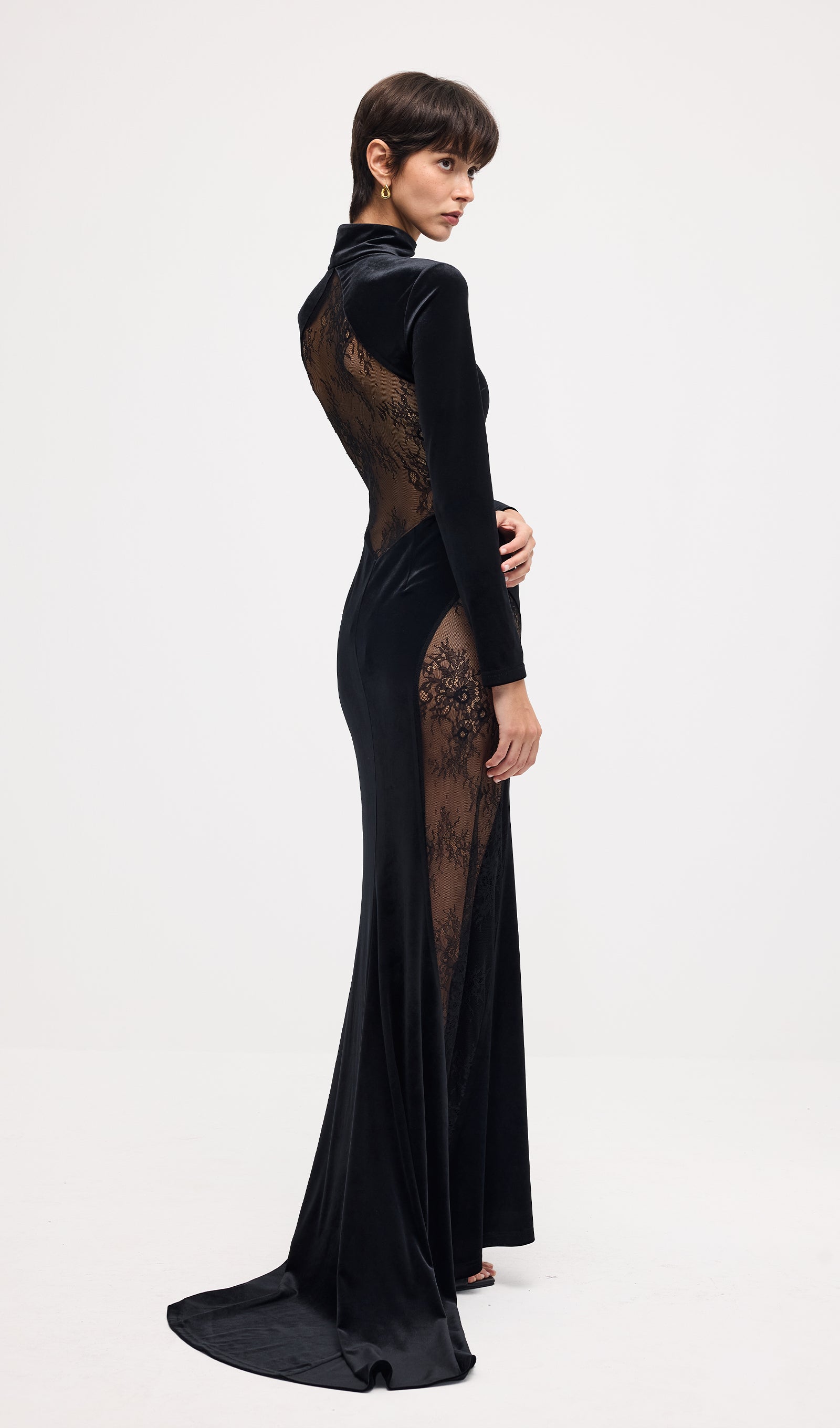 Semi-Sheer Lace Velvet Maxi Dress