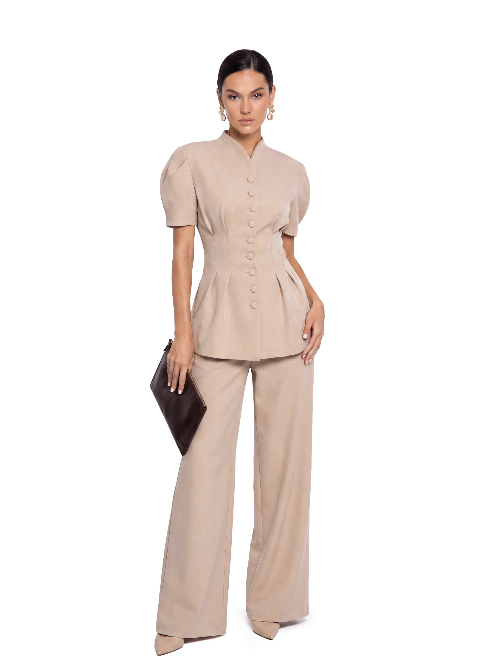 Adelle Short Sleeeve Waist-Sitting Suit In Apricot