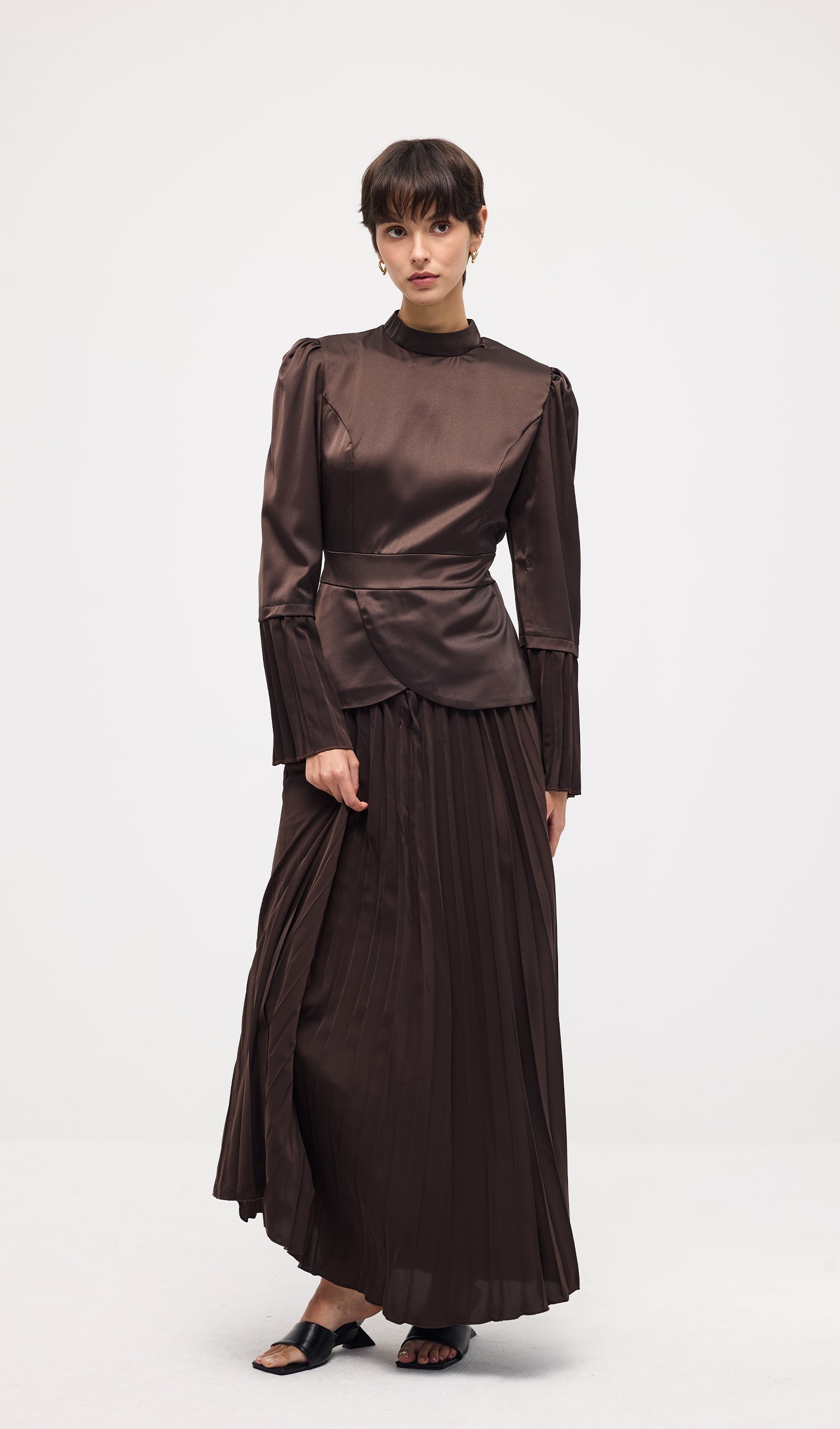 Solid Pleated Peplum Two Piece Set Maxi Skirt