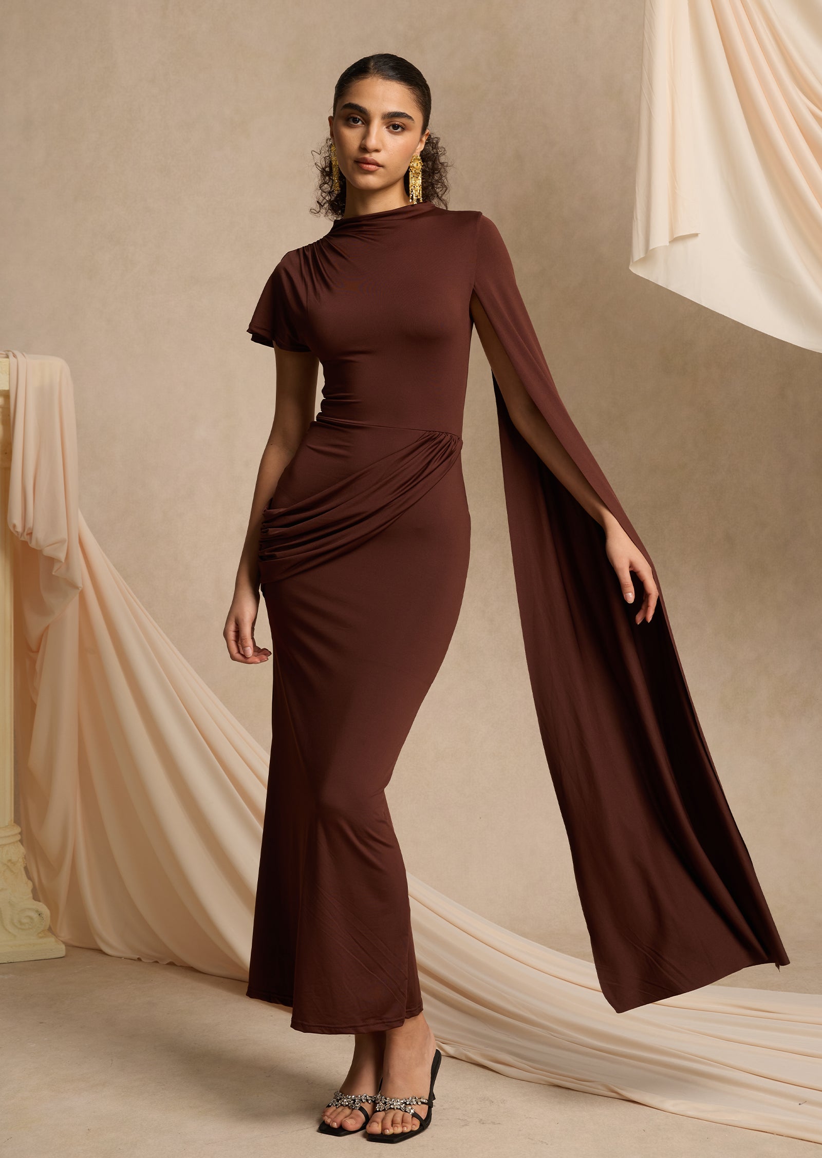 High-Neck Maxi With Long Cape Sleeve