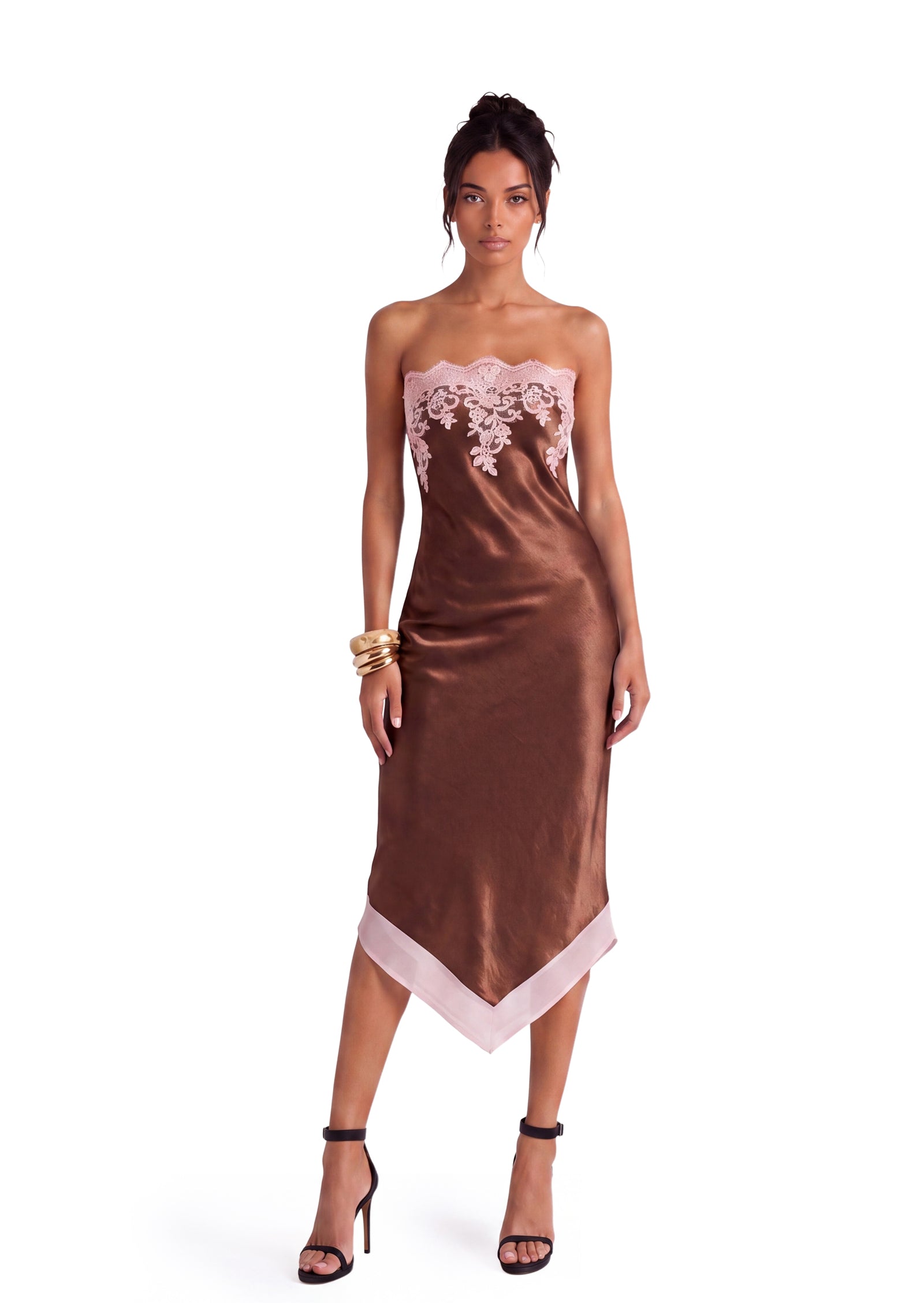 Deodat Lace Satin Strapless Midi Dress