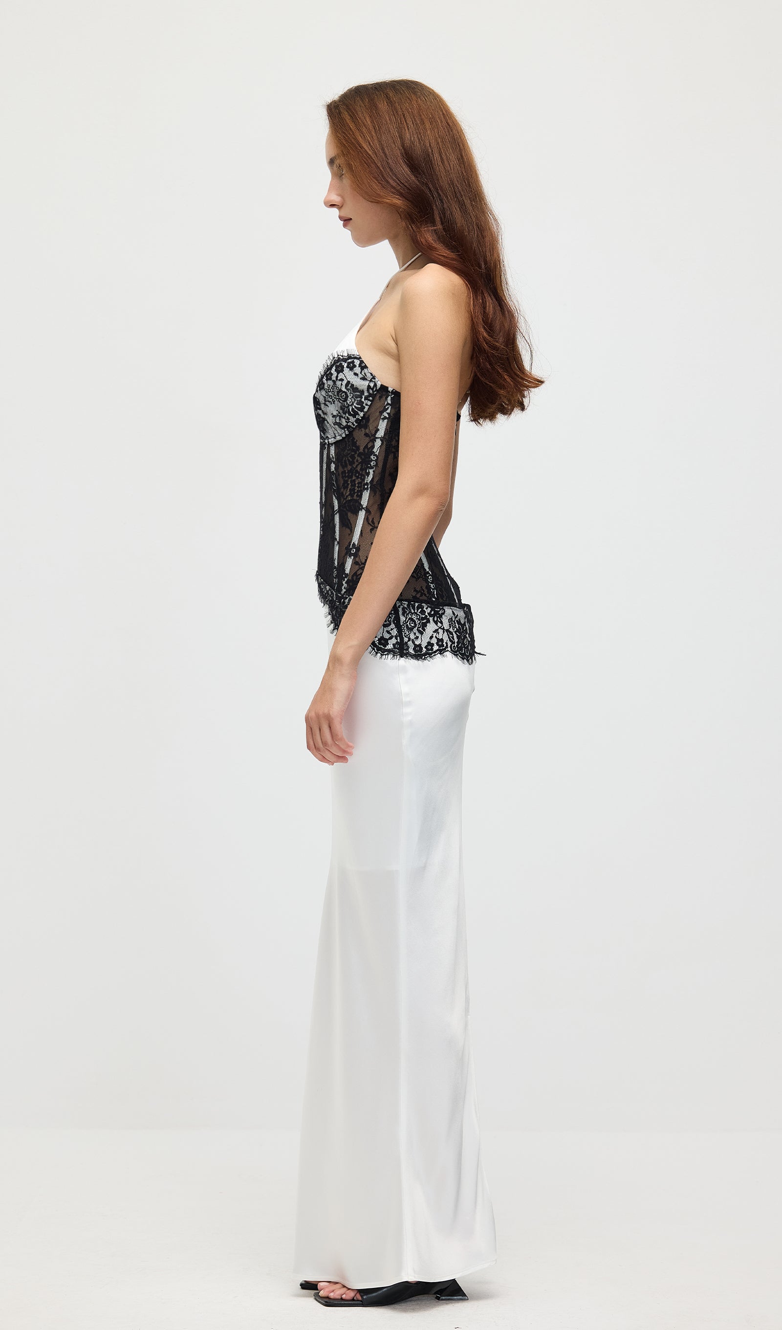 Satin And Lace Corset Midi Dress In White